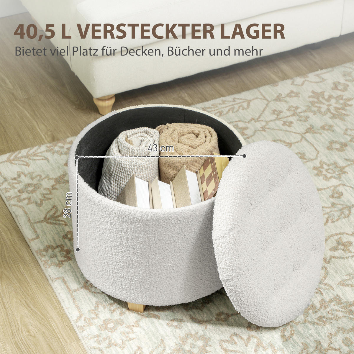 SITZHOCKER mit Stauraum, Weiß - Weiß, Textil (45/41/45cm) - furnicato