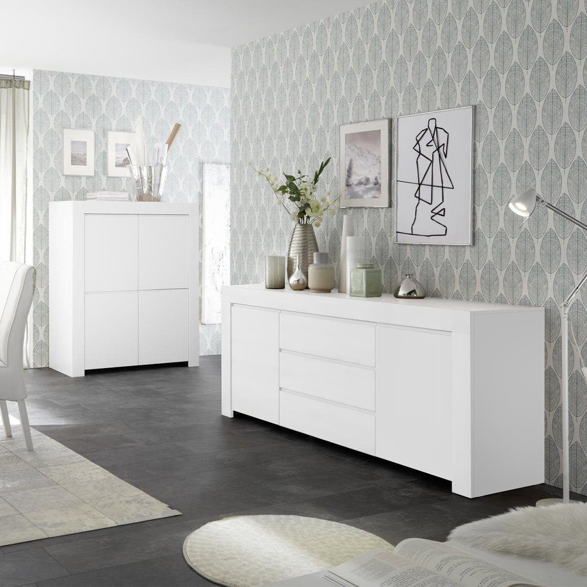 HIGHBOARD mit 4 Türen H140 cm - Firenze - Weiß, Holzwerkstoff (110/140/42cm) - Calicosy