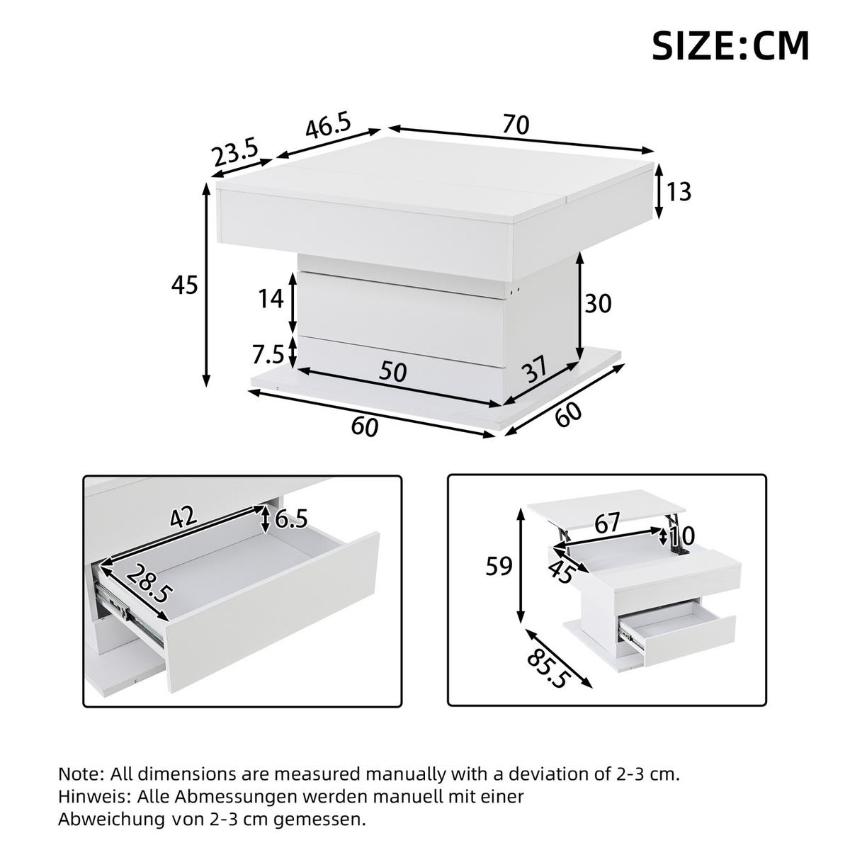 COUCHTISCH 70/70/45 cm Weiß aus Spanplatte mit Hebefunktion und Stauraum - Weiß, Holzwerkstoff (70/70/45cm) - OKMYHOME