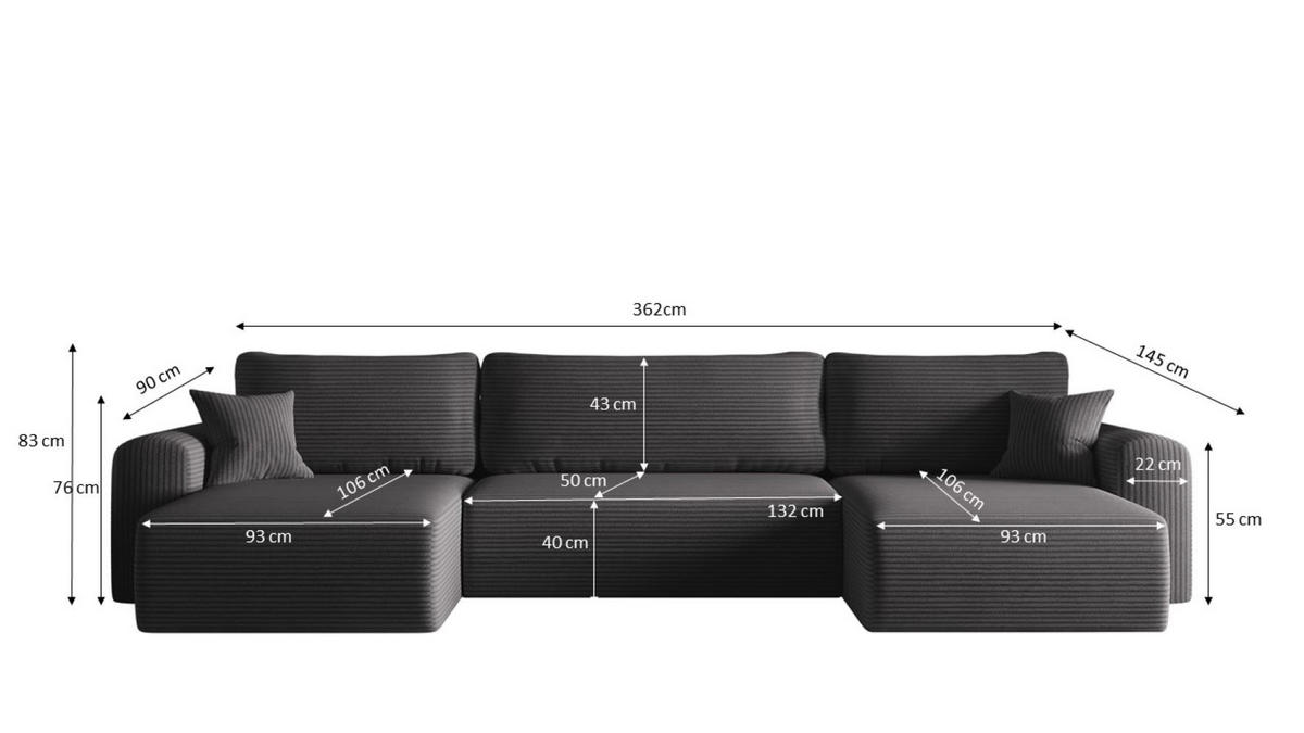 ECKSOFA Mit Schlaffunktion Und Bettkasten U-form CAPRI Poso Dunkelgrau - Dunkelgrau, Holz/Textil (145/362cm) - Kaiser Möbel