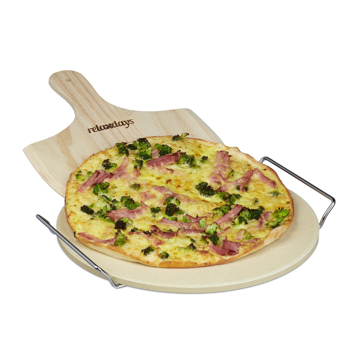 PIZZASTEIN Set - Hellbraun, Holz/Stein (32/4/32cm) - Relaxdays