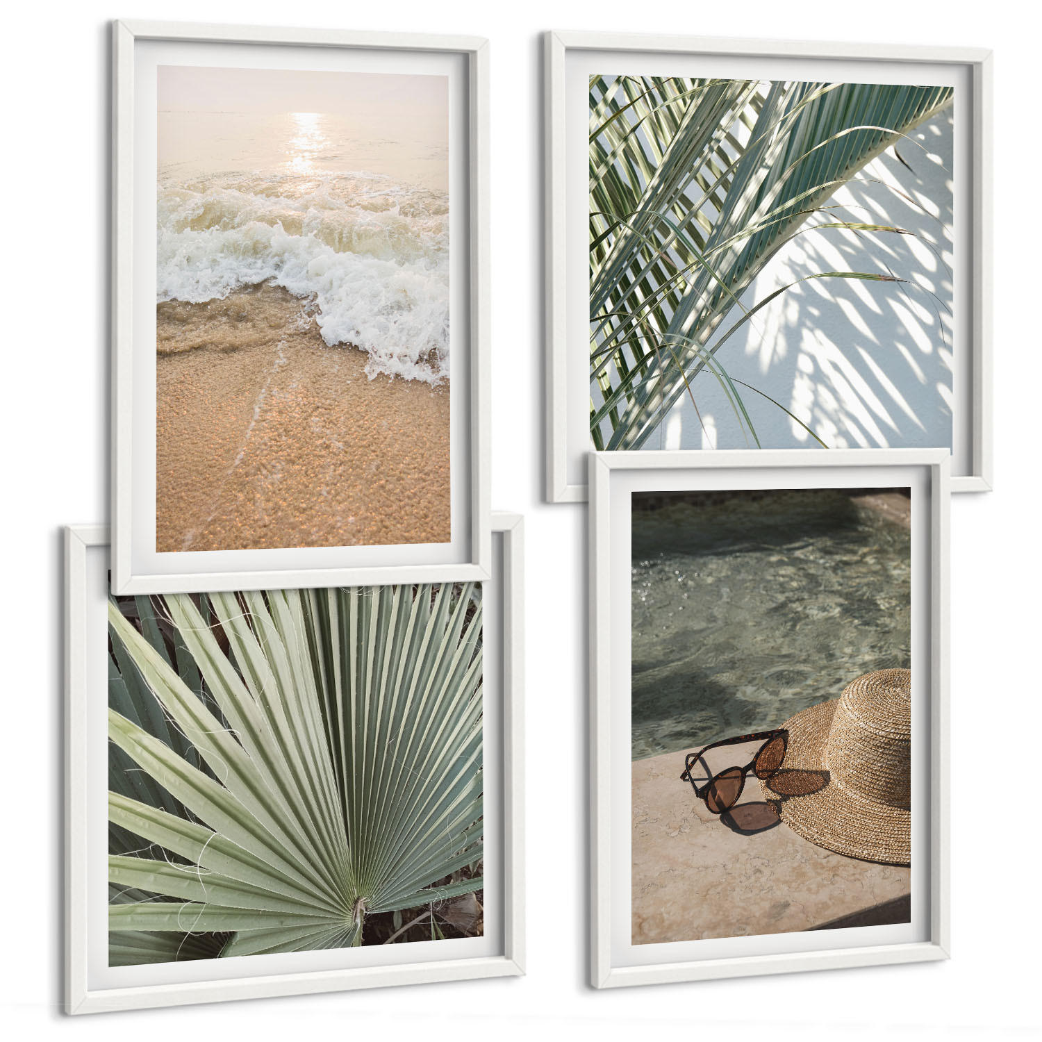 BILDER SET 4er Set - 50x50 cm & 40x60 cm Weißer Rahmen - Strandhut und Sonnenbrille - Weiß, Kunststoff (50/50cm) - TULUP