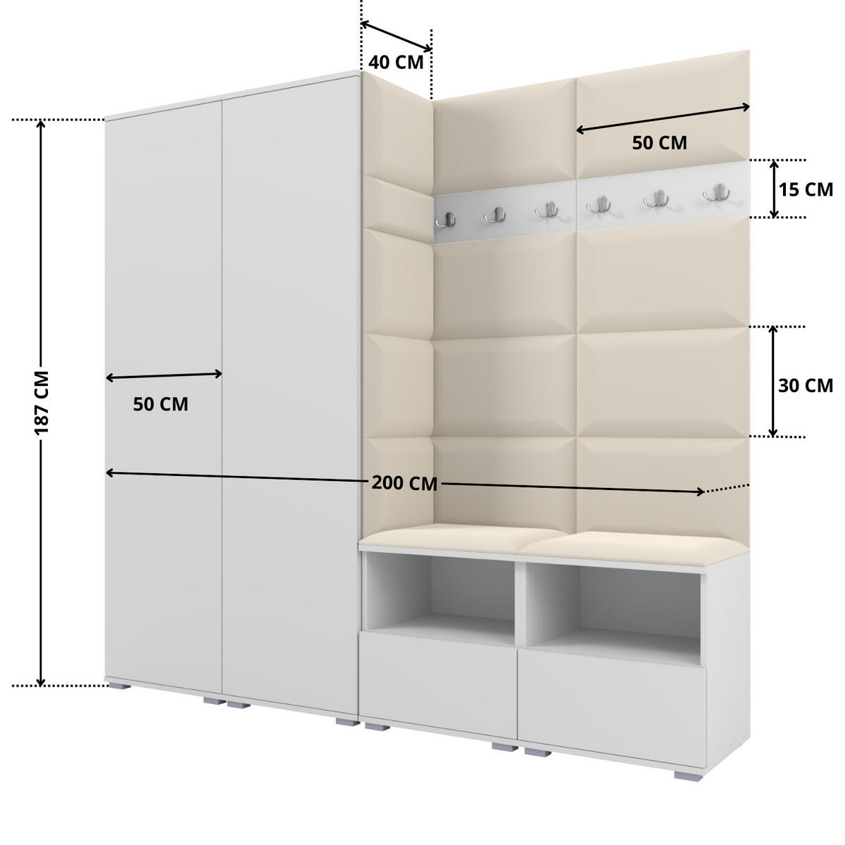 GARDEROBE NELA VI 200 cm (Kompaktgarderobe Weiß mit Sitzpolster Creme 01 Schrank & Paneel) - Silberfarben/Creme, Holz/Holzwerkstoff (200/187/40cm) - Ravio