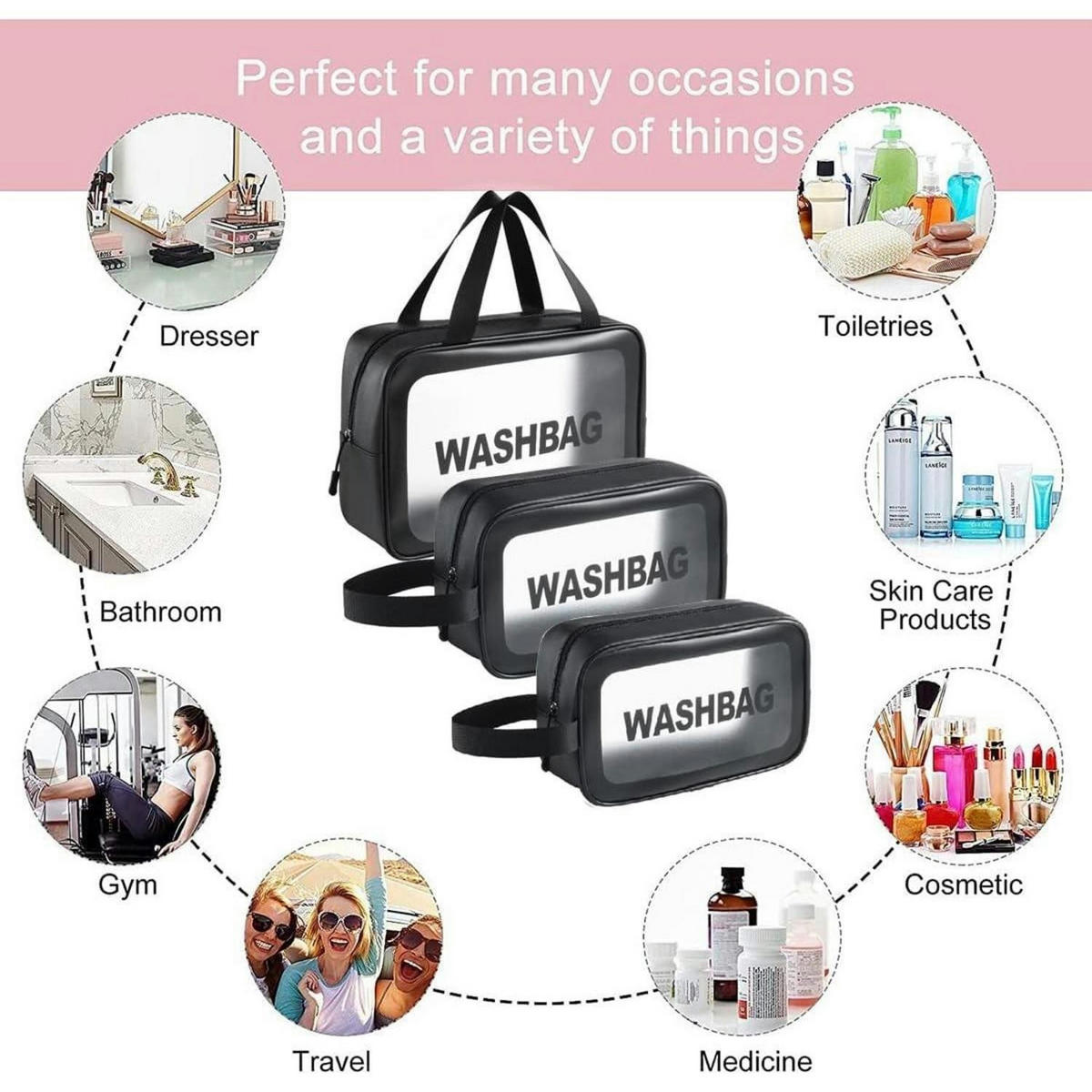 KULTURTASCHEN Set 3-teilig Transparent Wasserdicht Schwarz - Transparent, Kunststoff (14/12/22cm)