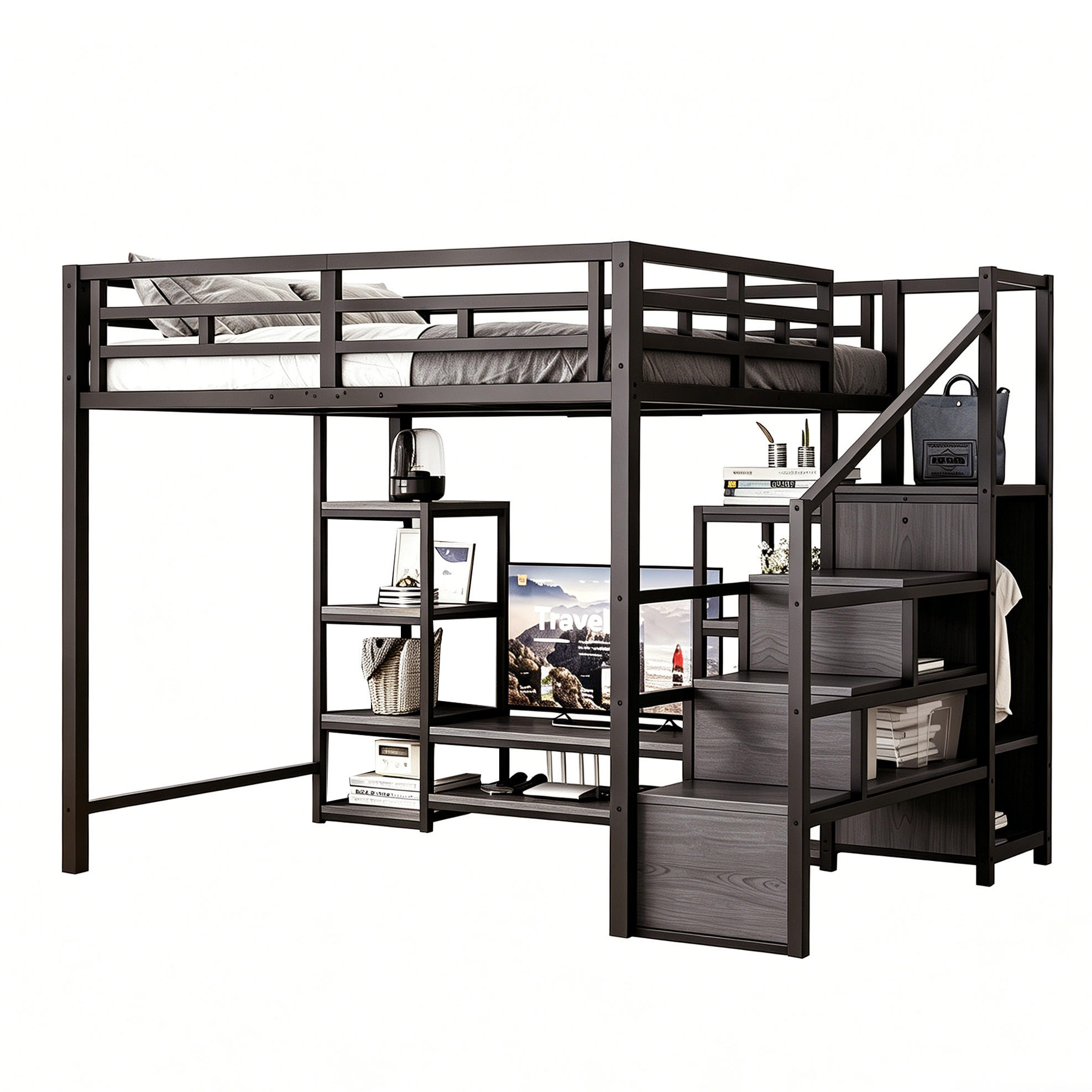 Redom VYSOKÁ postel 140/200 cm s TV stojanem, zásuvkou a bezpečnostním žebříkem, kov a MDF, černá