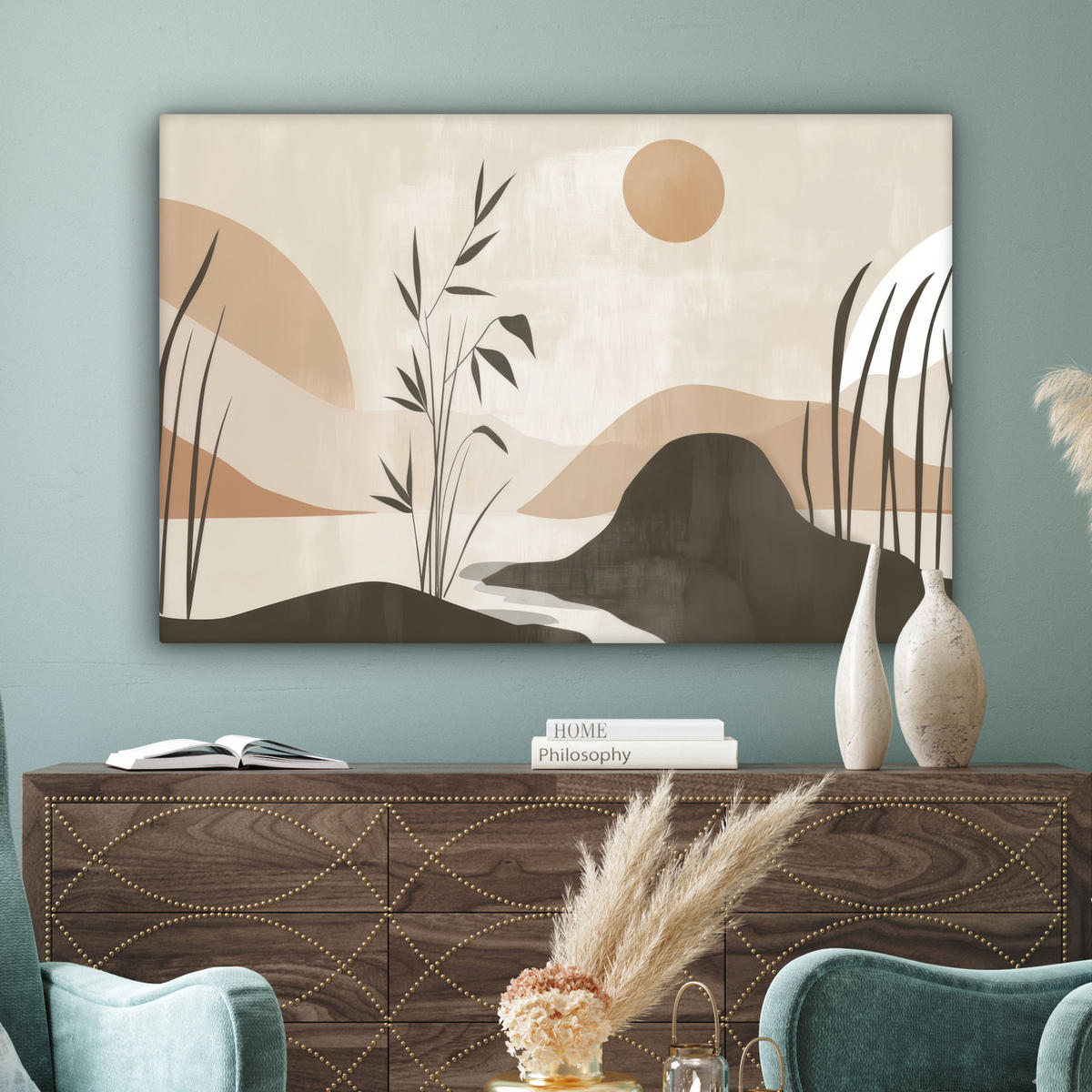 LEINWANDBILD Japandi - Landschaft - Beige XXL 150x100 cm - Cognac, Textil (150/100cm) - MuchoWow