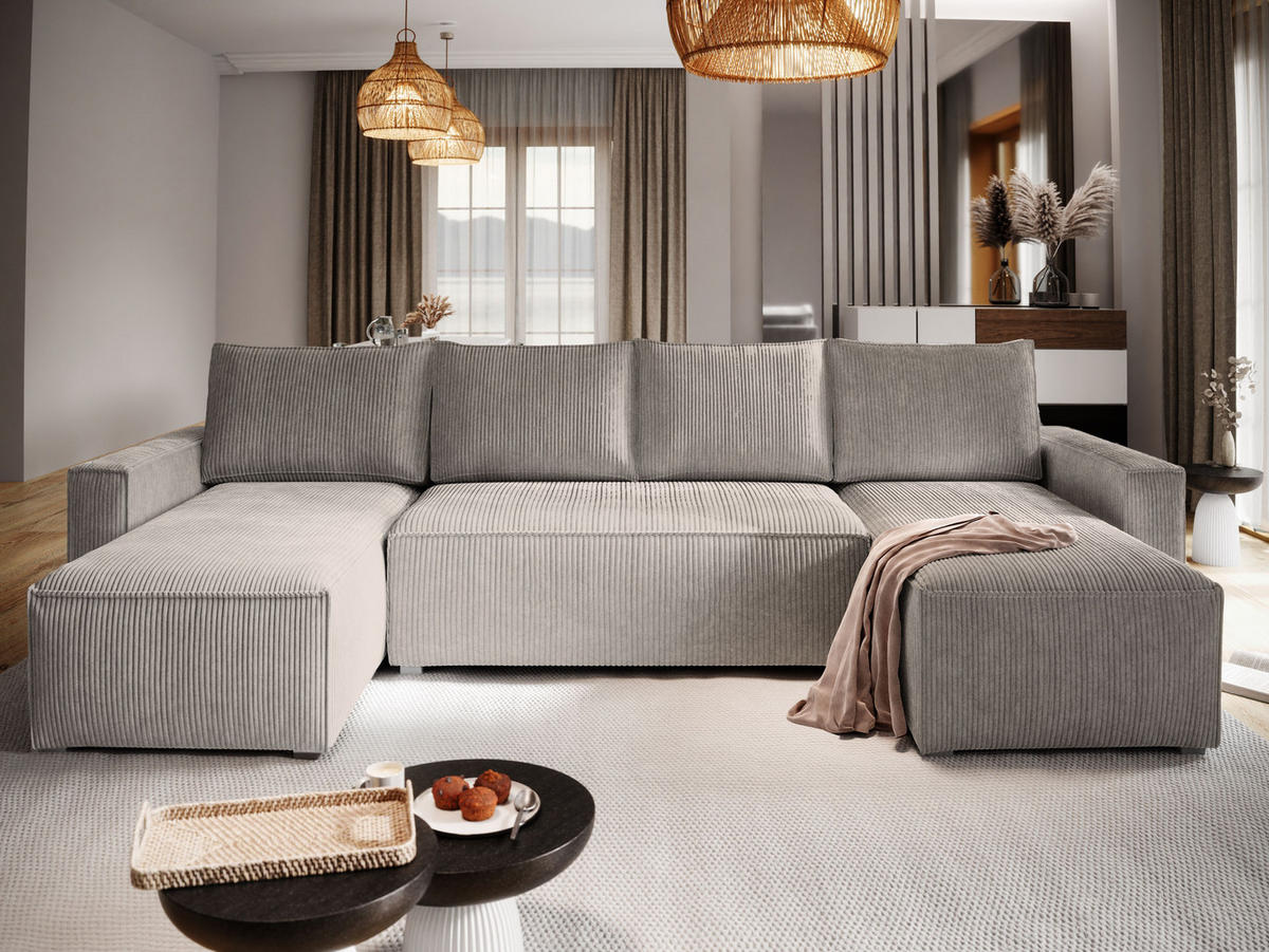 WOHNLANDSCHAFT ASPRA Beige Kordstoff mit Schlaffunktion - Beige, Holz (295/85/140cm) - MASSENO