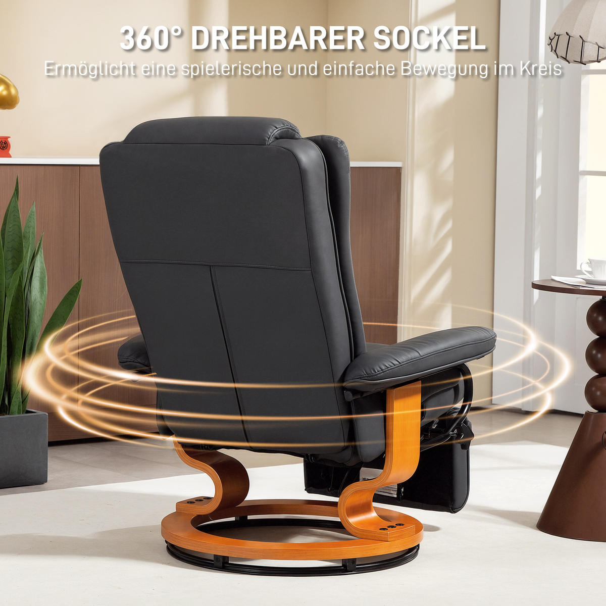 RELAXSESSEL, drehbarer TV-Sessel, Liegefunktion, Fußstütze Lederoptik Dunkelgrau - Dunkelgrau, Leder/Holzwerkstoff (88/103/78cm) - HOMCOM