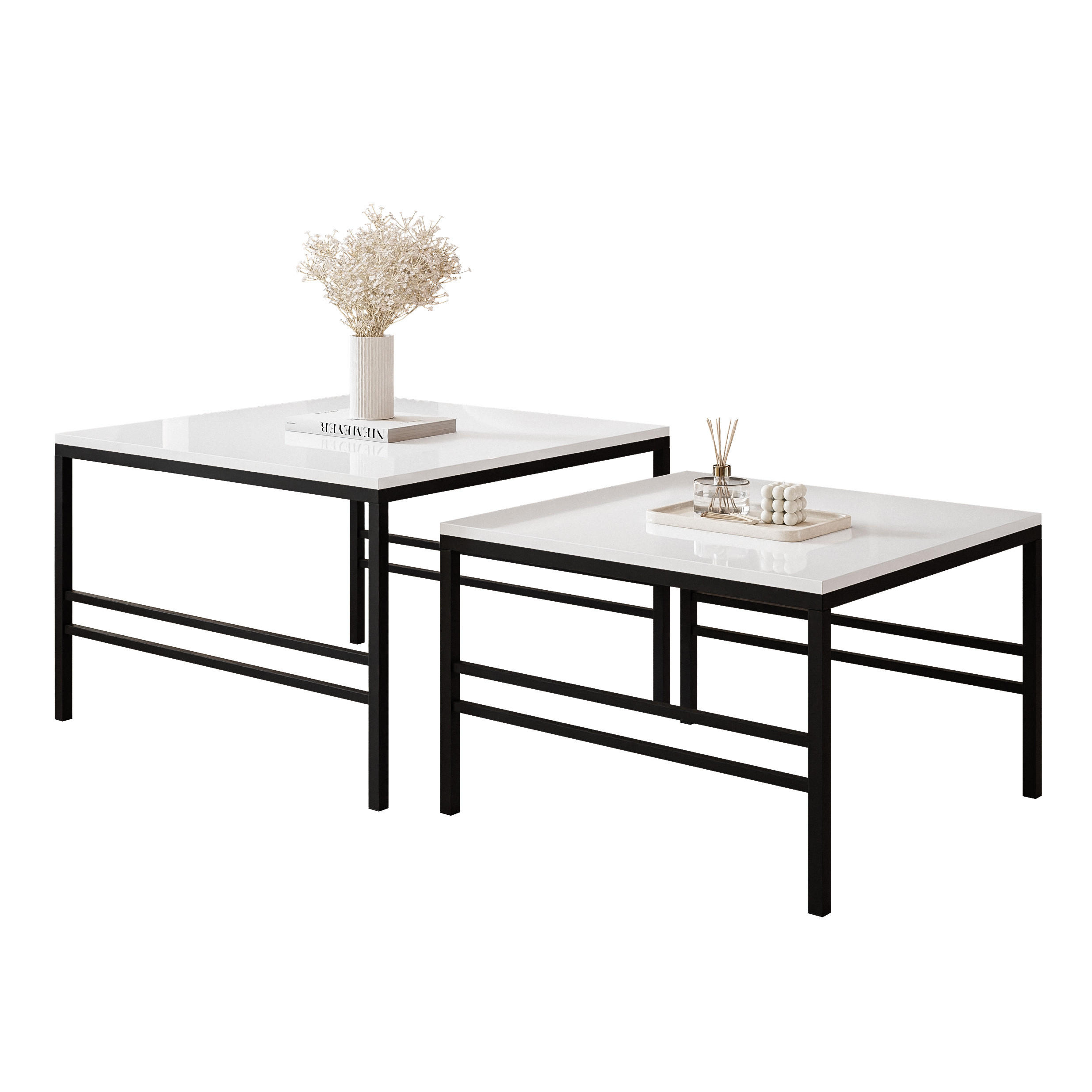 Idohome Couchtisch Weiß Hochglanz, Schwarz 70x46x70 cm