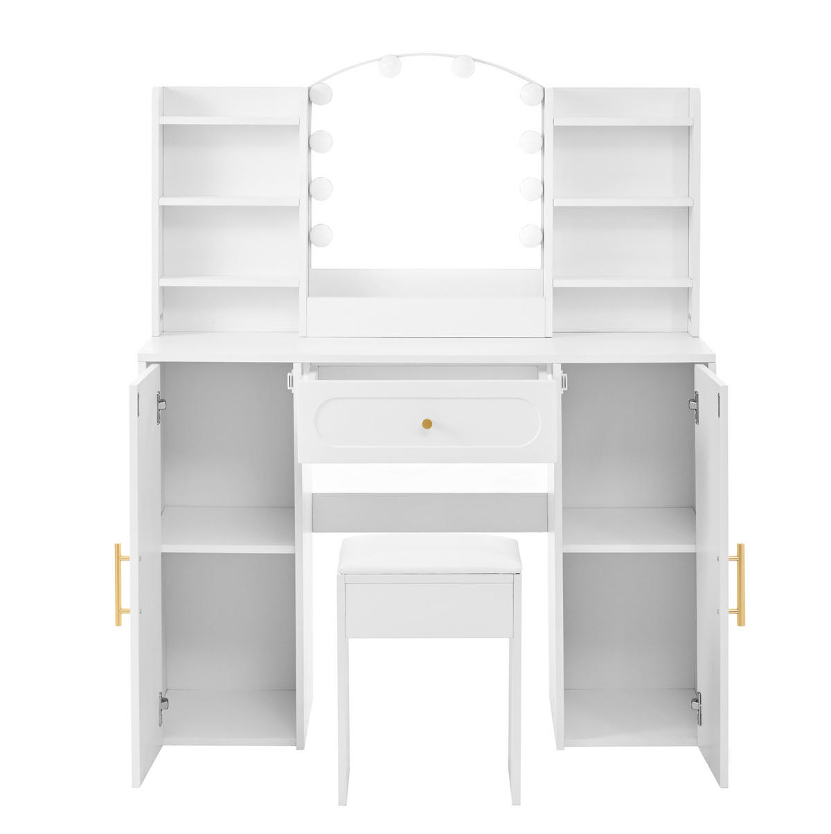 SCHMINKTISCH aus MDF und Spanplatte 110x40x132 cm Weiß mit LED-Spiegel, Hocker, 2 Schränken und Schublade - Weiß, Holzwerkstoff (110/132/40cm) - Modfu