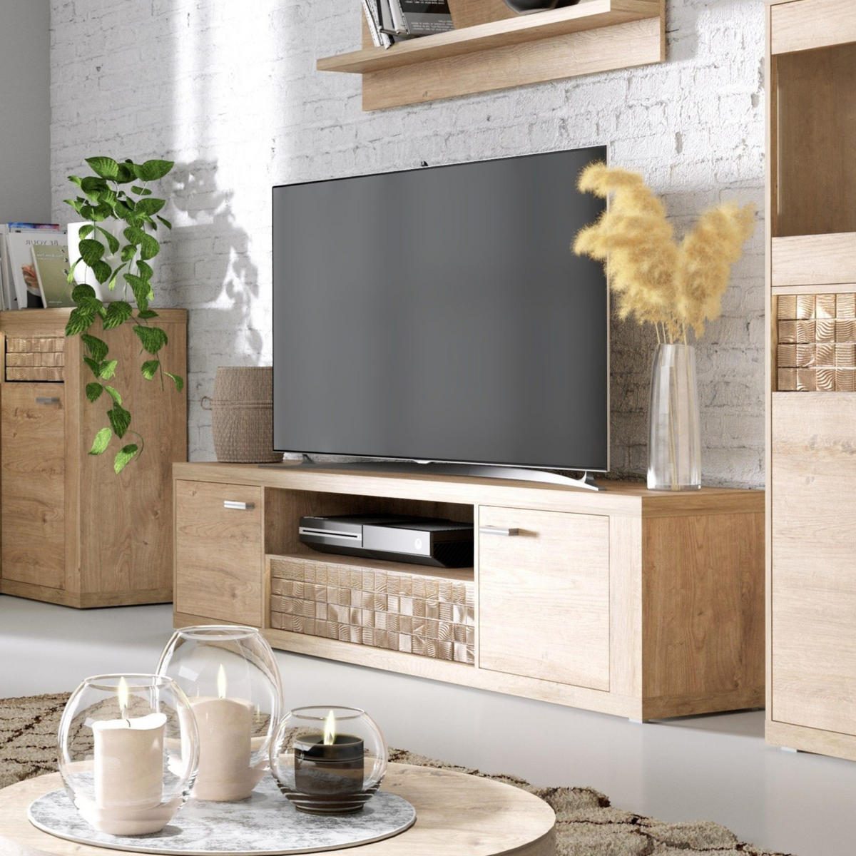 TV-ELEMENT BALESTRAND N12 Schublade Eiche - Eichefarben/Silberfarben, Glas/Holzwerkstoff (151/51/41cm) - Komodee