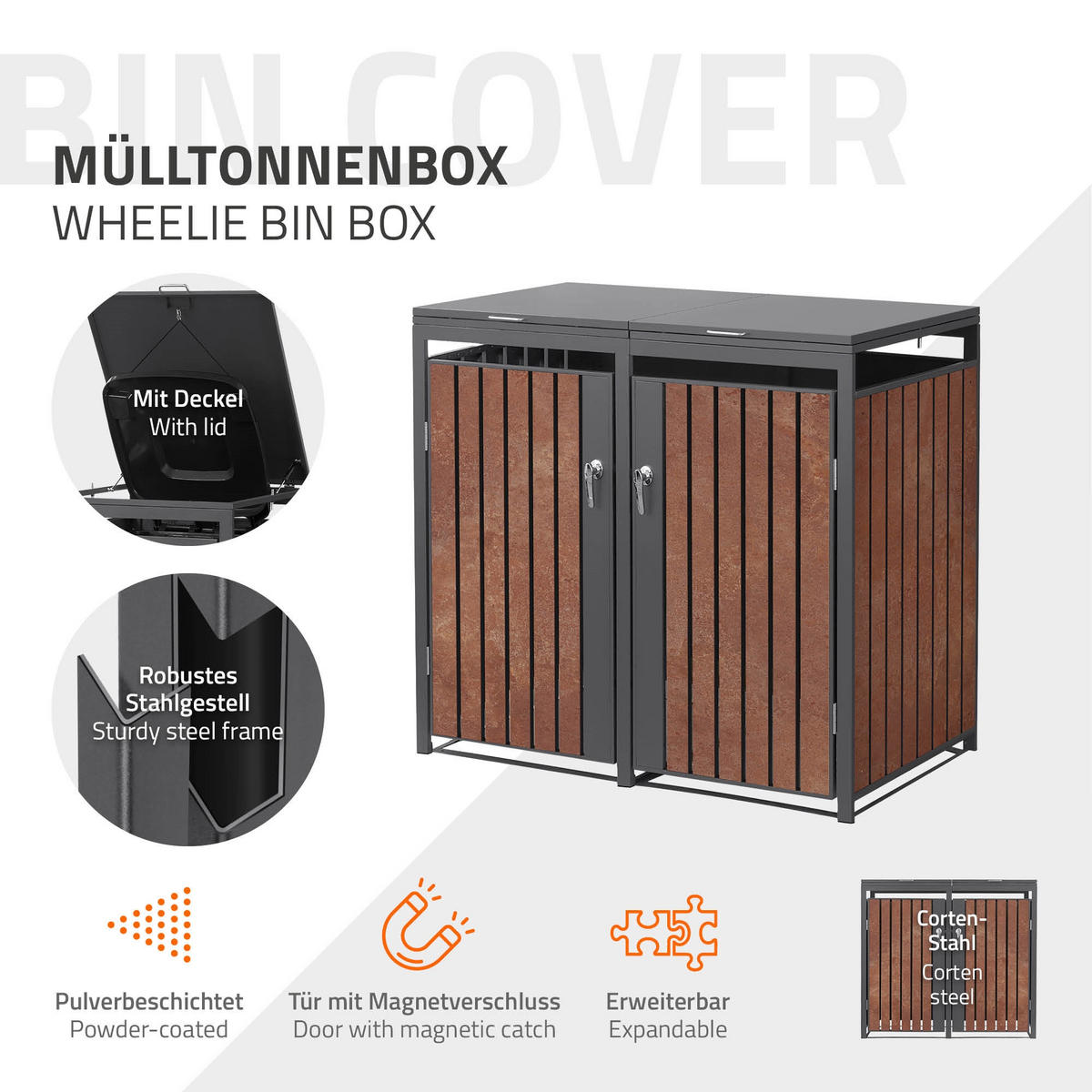 MÜLLTONNENBOX 2er Anthrazit-Rostoptik - Rotbraun, Metall (132/120/80cm) - ML-DESIGN