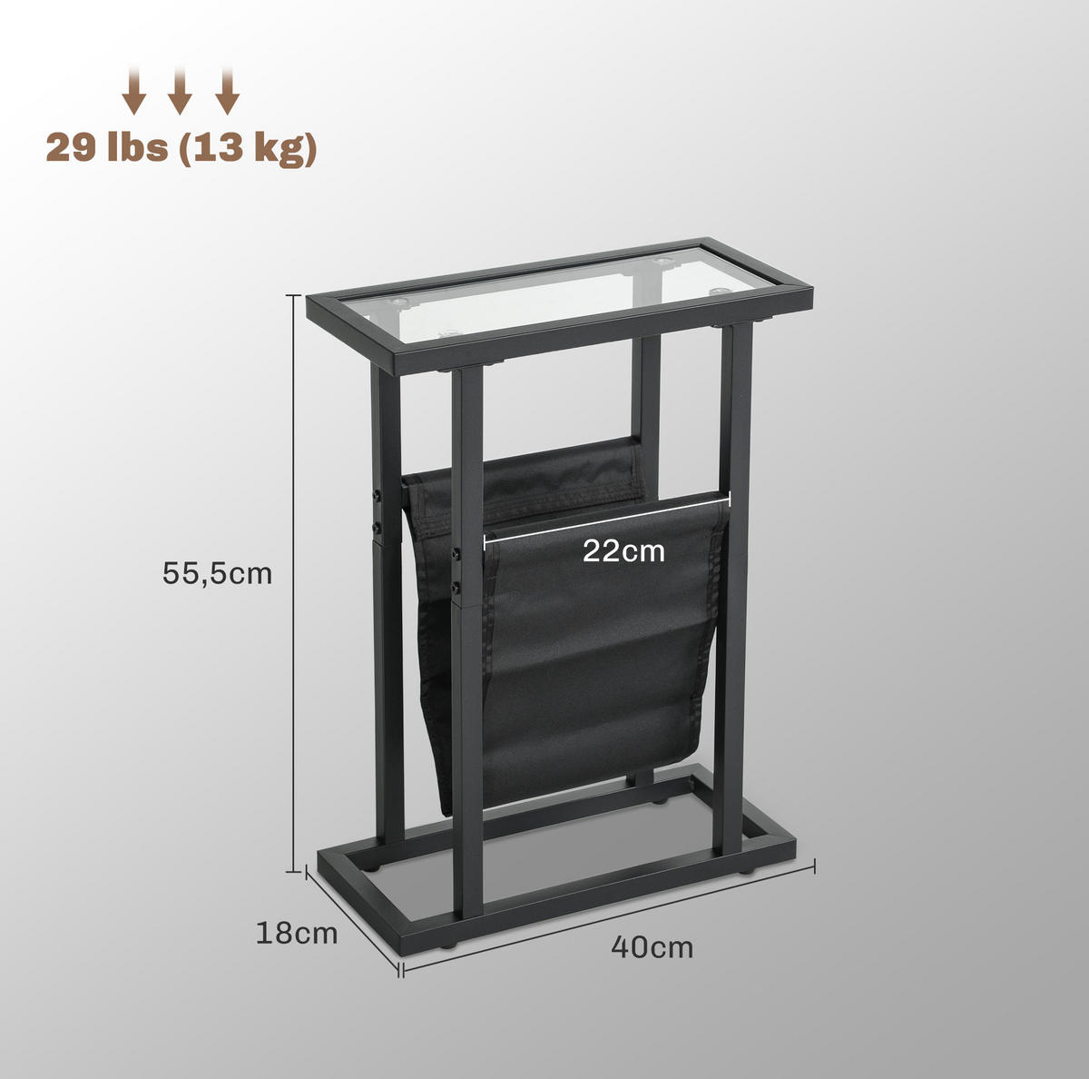 BEISTELLTISCH 40/18/55,5 cm mit Glasplatte und Stofftasche, platzsparend, Schwarz - Schwarz, Glas (40/18/55.5cm) - Redom