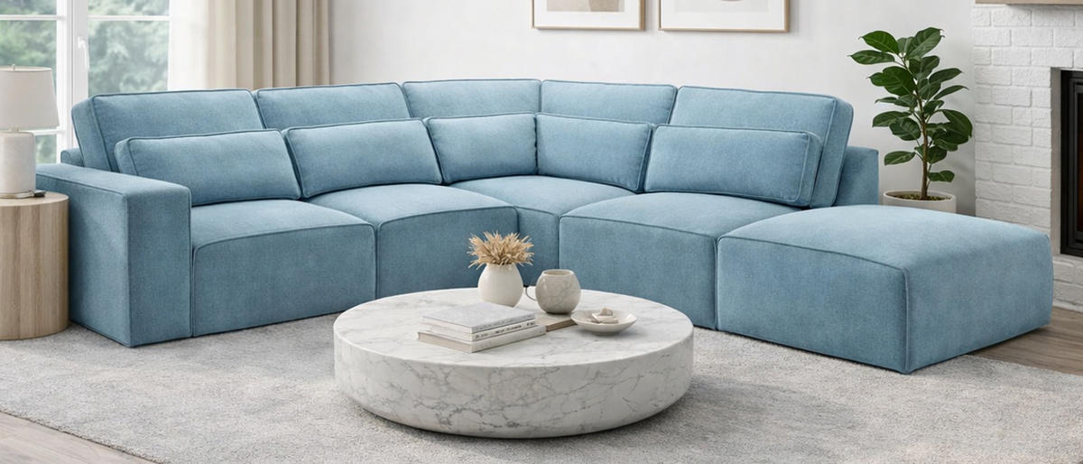 ECKSOFA hellblau Webstoff, Sofa 305 x 281 cm, L-Sofa rechts - Hellblau/Grau, Holz/Textil (305/281cm) - Inn.Furn