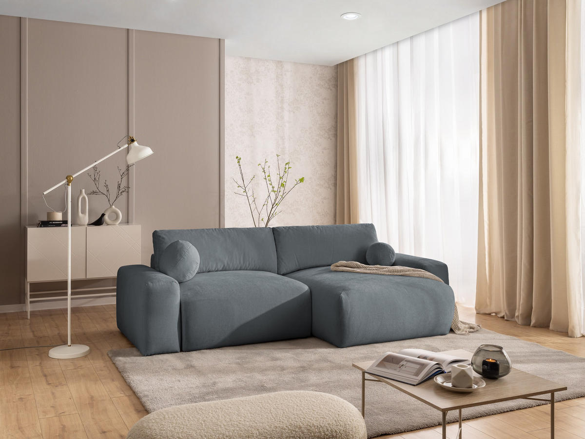 ECKSOFA Puffy mit Schlaffunktion und Bettkasten - besonders weich und puffig aus Dunkelgrau Webstoff - Ottomane rechts - Dunkelgrau/Schwarz, Holz/Kunststoff (266/138cm) - S-Style Möbel