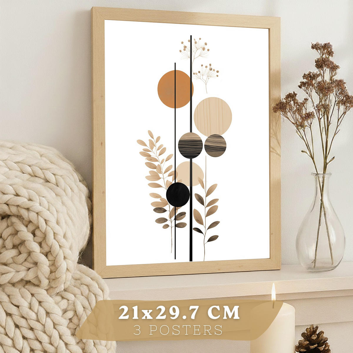 PLAKAT Sada 3 Tvary květů A3 Lehký dřevěný rám - béžová, papír (29.7/1/42cm) - Nacnic