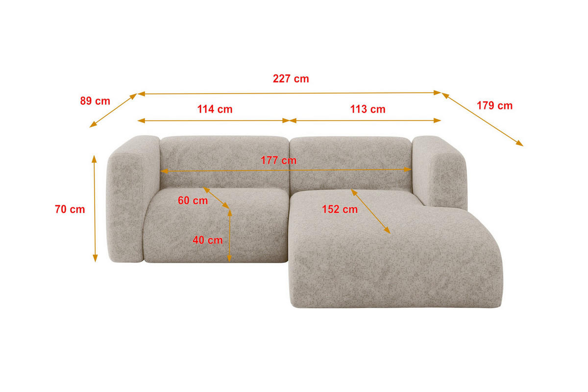 ECKSOFA Ottomane Rechts MIRA-L1 227x179x89 Beige Velours - Beige/Schwarz, Holzwerkstoff/Kunststoff (227/179cm) - ALTDECOR