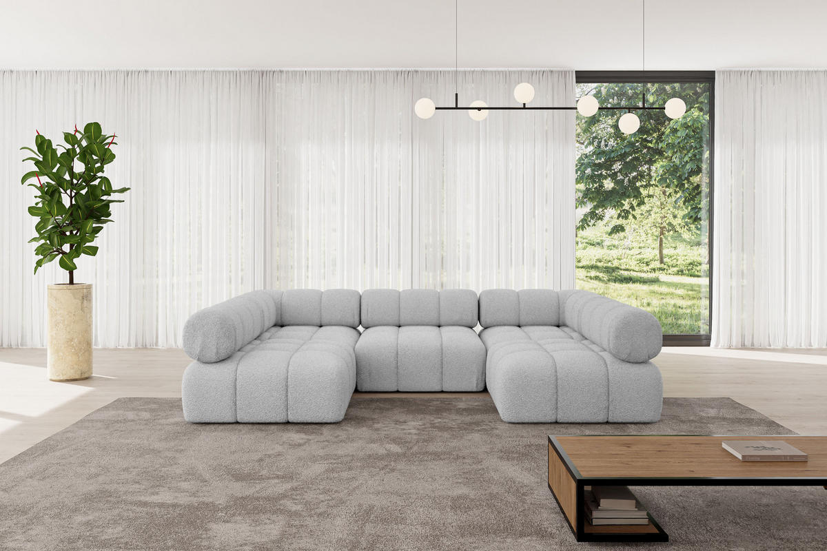 WOHNLANDSCHAFT modulares Sofa Garvo-U1 - 285x190x70 cm Hellgrau Bouclé - Hellgrau, Holzwerkstoff/Textil (285/70/190cm) - ALTDECOR