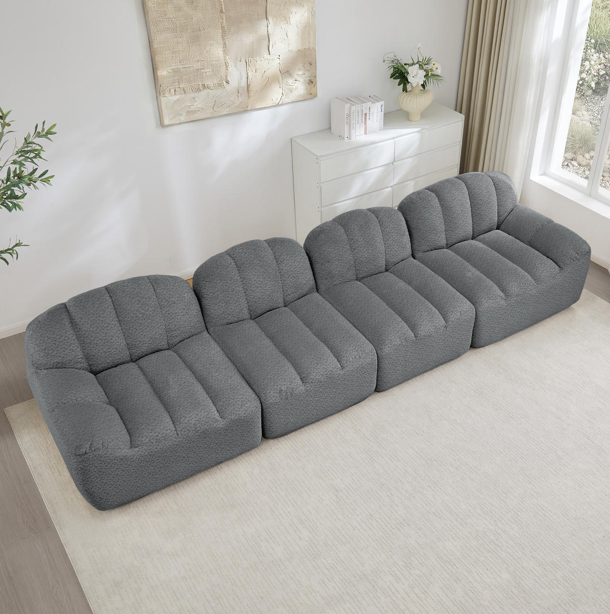 MODULARES 4-Sitzer-Sofa aus granuliertem Fleece mit ergonomischer Muschelform Grau - Grau, Textil (104/79/366cm) - Modenvie