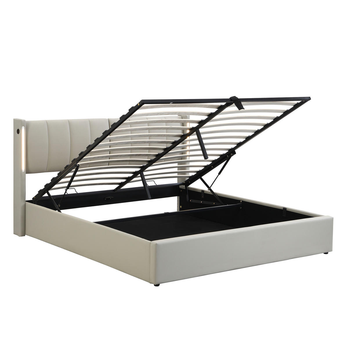 POLSTERBETT 140/200 cm mit hydraulischem Bettkasten, LED & USB/Typ-C, Kopfteil verstellbar, Grau - Grau, Kunststoff (140/200cm) - Redom