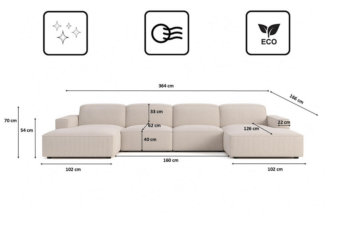ECKSOFA Cursal U-Form, Stoff Poso, Beige - Creme, Holz (364/166cm) - Kaiser Möbel