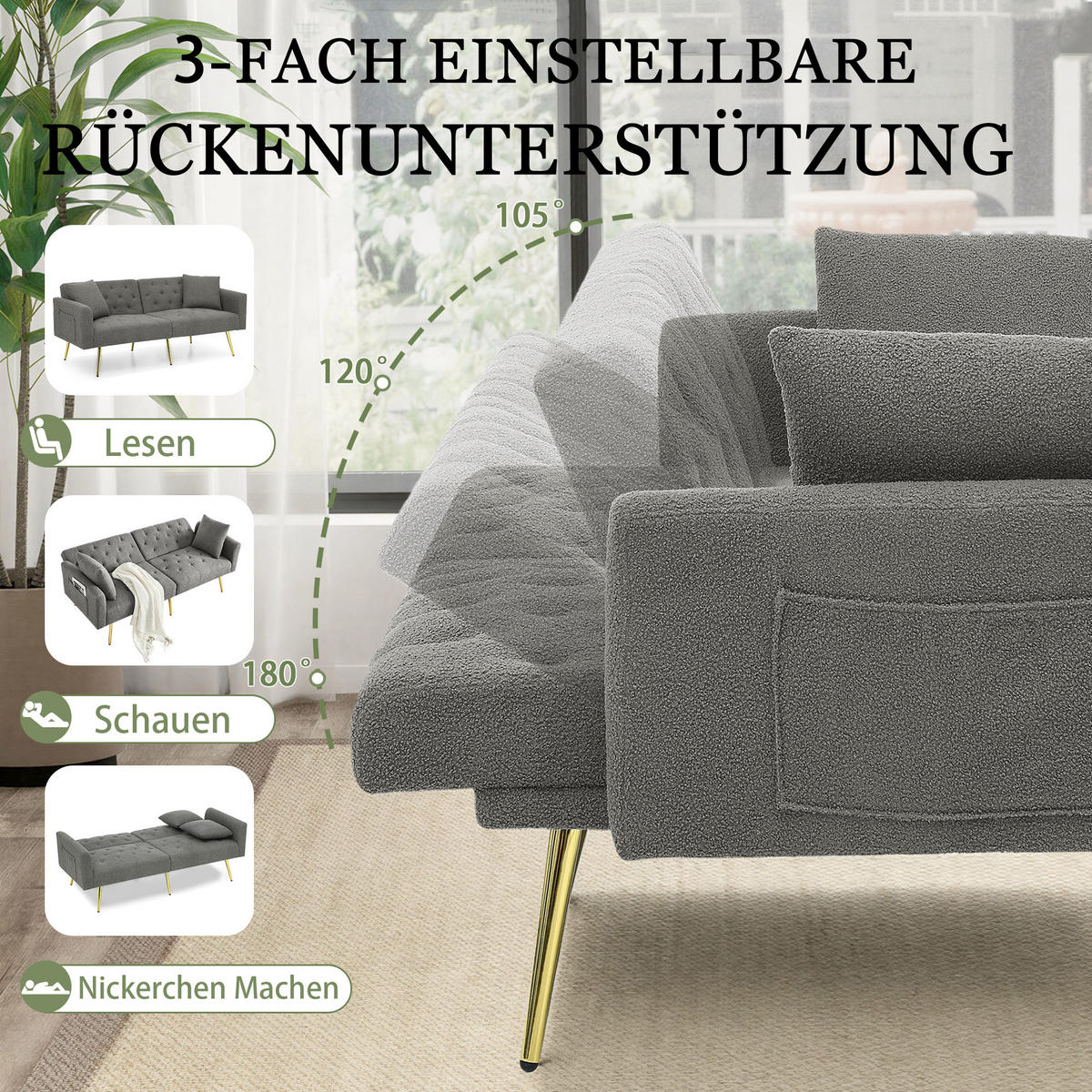 SCHLAFSOFA 177/78/74 cm in Gray Teddyfell mit Aufbewahrungstasche - Grau, Textil (177/74/78cm) - Oxeza