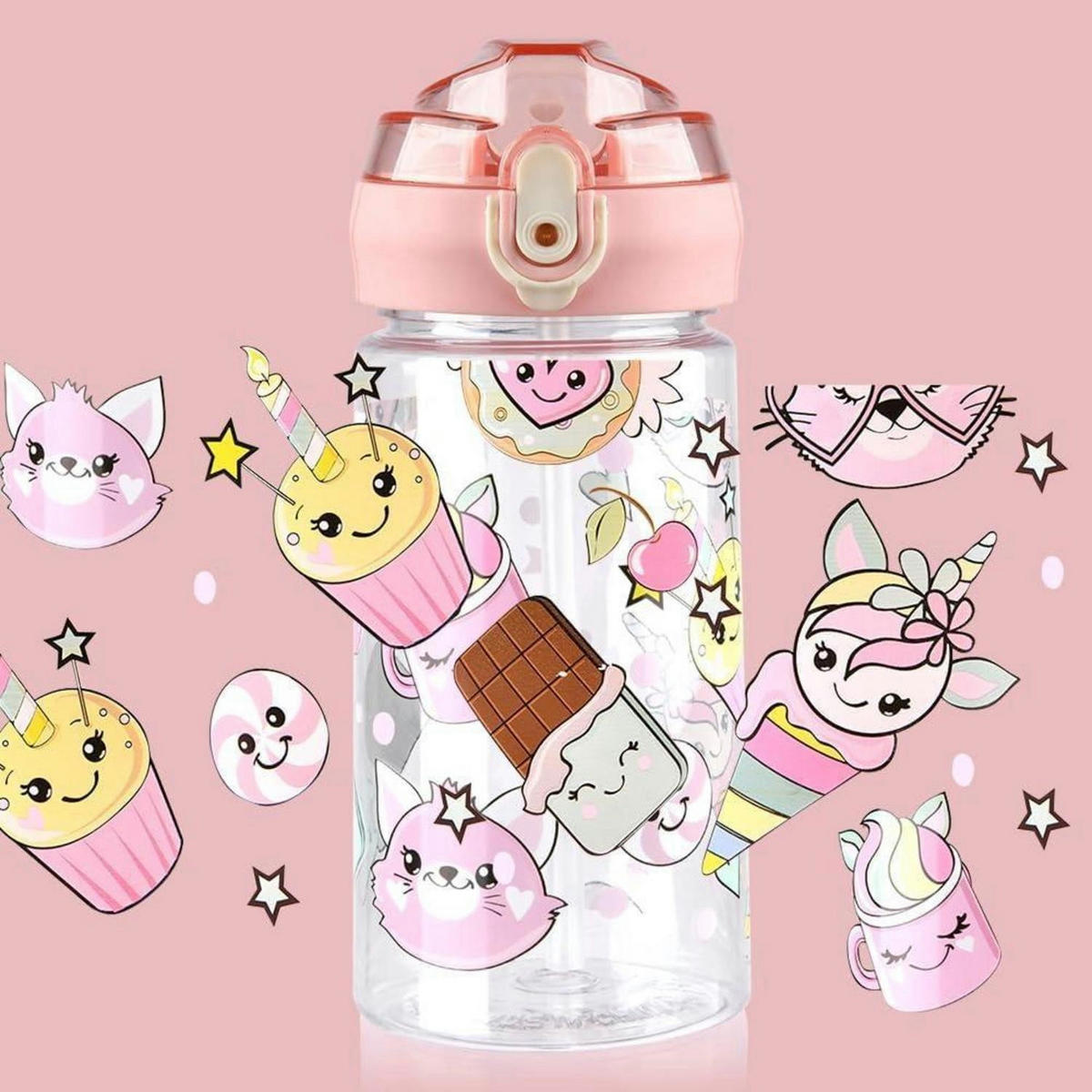 KINDER-TRINKFLASCHE mit Strohhalm 500 ml Rosa - Rosa, Kunststoff (19/19cm)