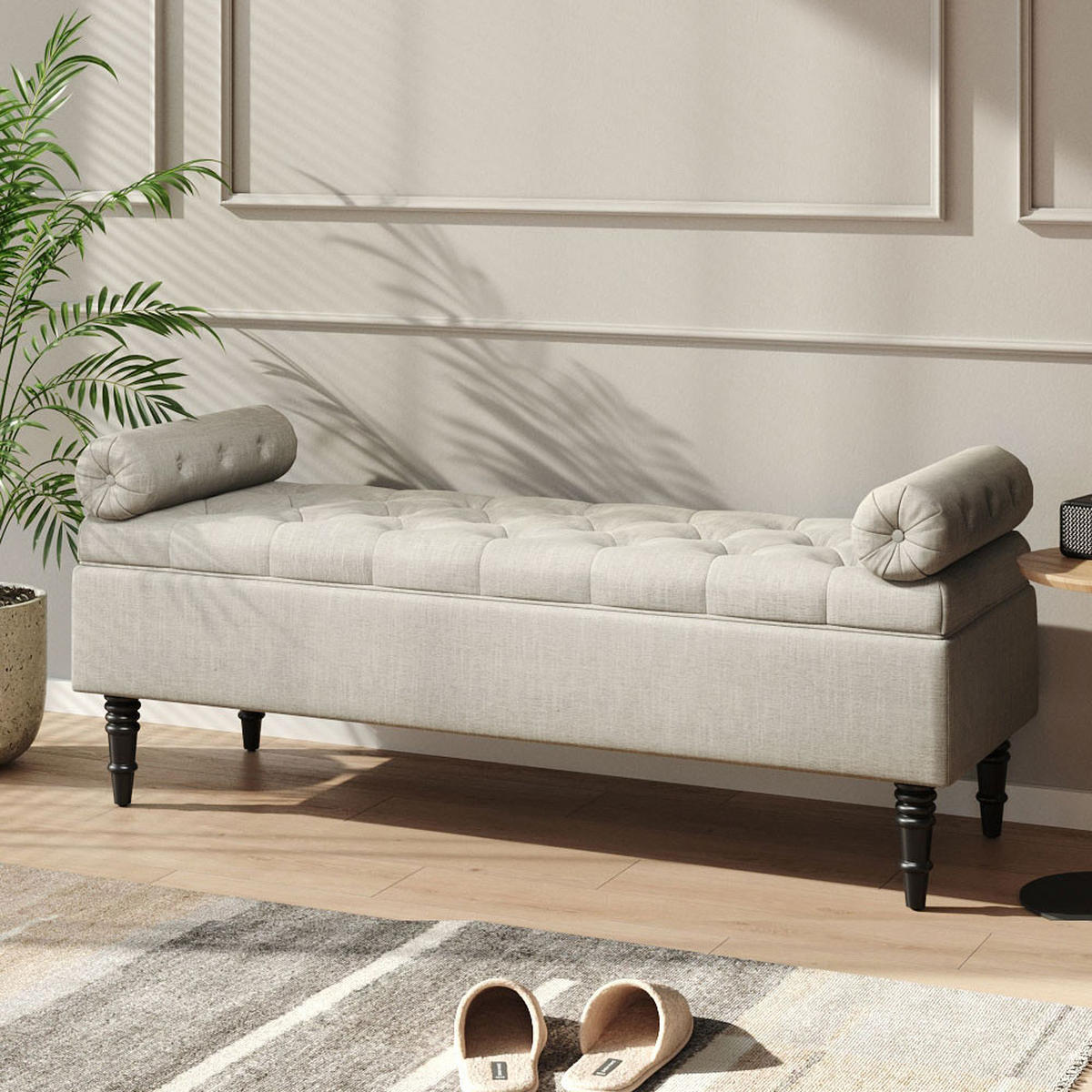 POLSTERBANK 126/44/46 cm Chesterfield Stauraum Armrollen Leinen Beige - Beige/Schwarz, Holz/Textil (126/46/44cm) - Livingandhome