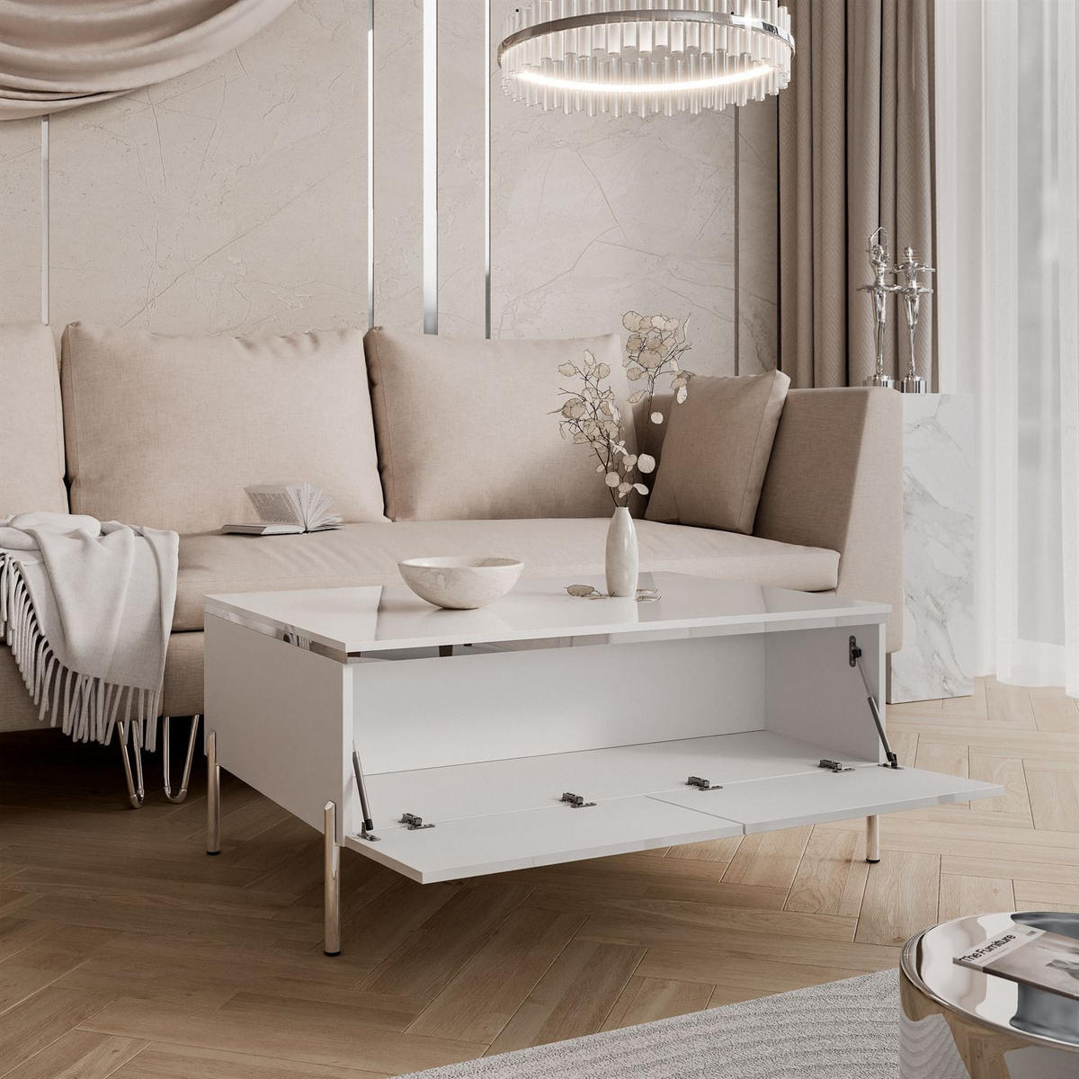 COUCHTISCH AURORA SILVER mit Stauraum und geraden Beinen - Weiß Hochglanz, Holzwerkstoff (60/90/44.5cm) - Lookway