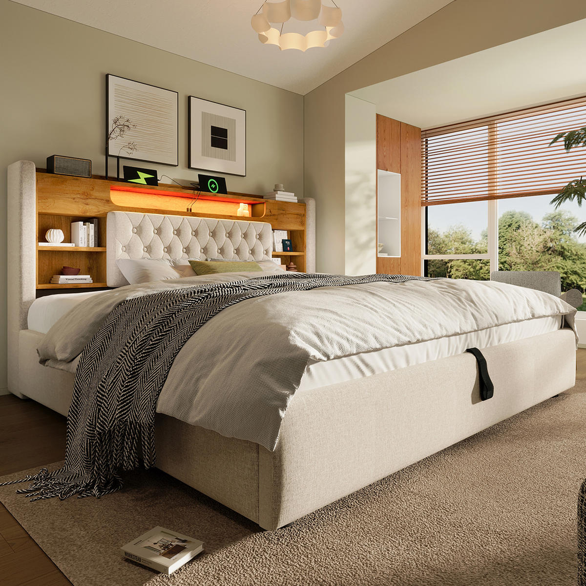 POLSTERBETT 160/200 cm in Beige mit Bettkasten, LED und USB-C - Beige, Holzwerkstoff/Textil (160/200cm) - WISHDOR