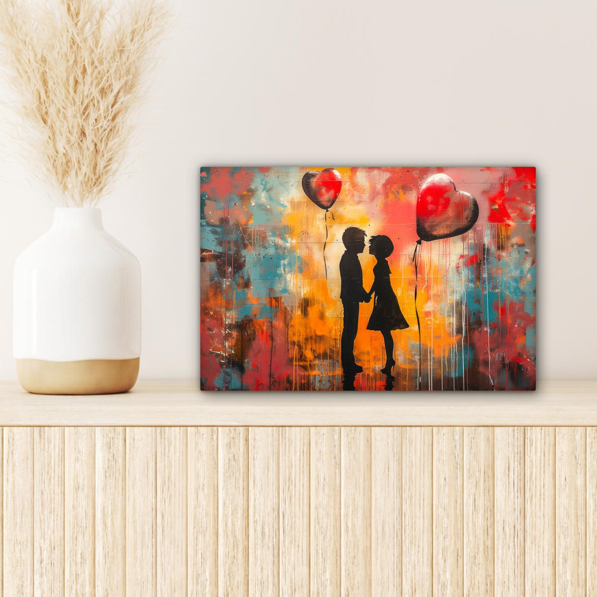 LEINWANDBILD Straßenkunst - Liebe - Graffiti - Kunst - Banksy 30x20 cm - Orange, Textil (30/20cm) - MuchoWow