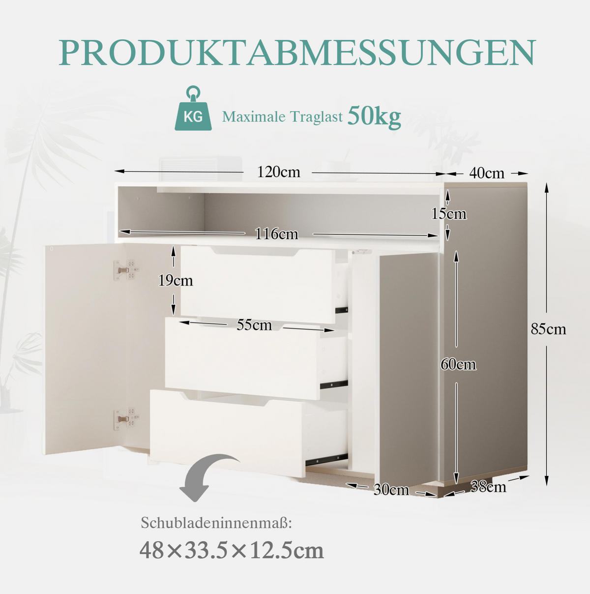 SIDEBOARD 120/40/85 cm Weiß aus Holzwerkstoff mit LED-Beleuchtung - Weiß, Holzwerkstoff (40/85/120cm) - OKMYHOME