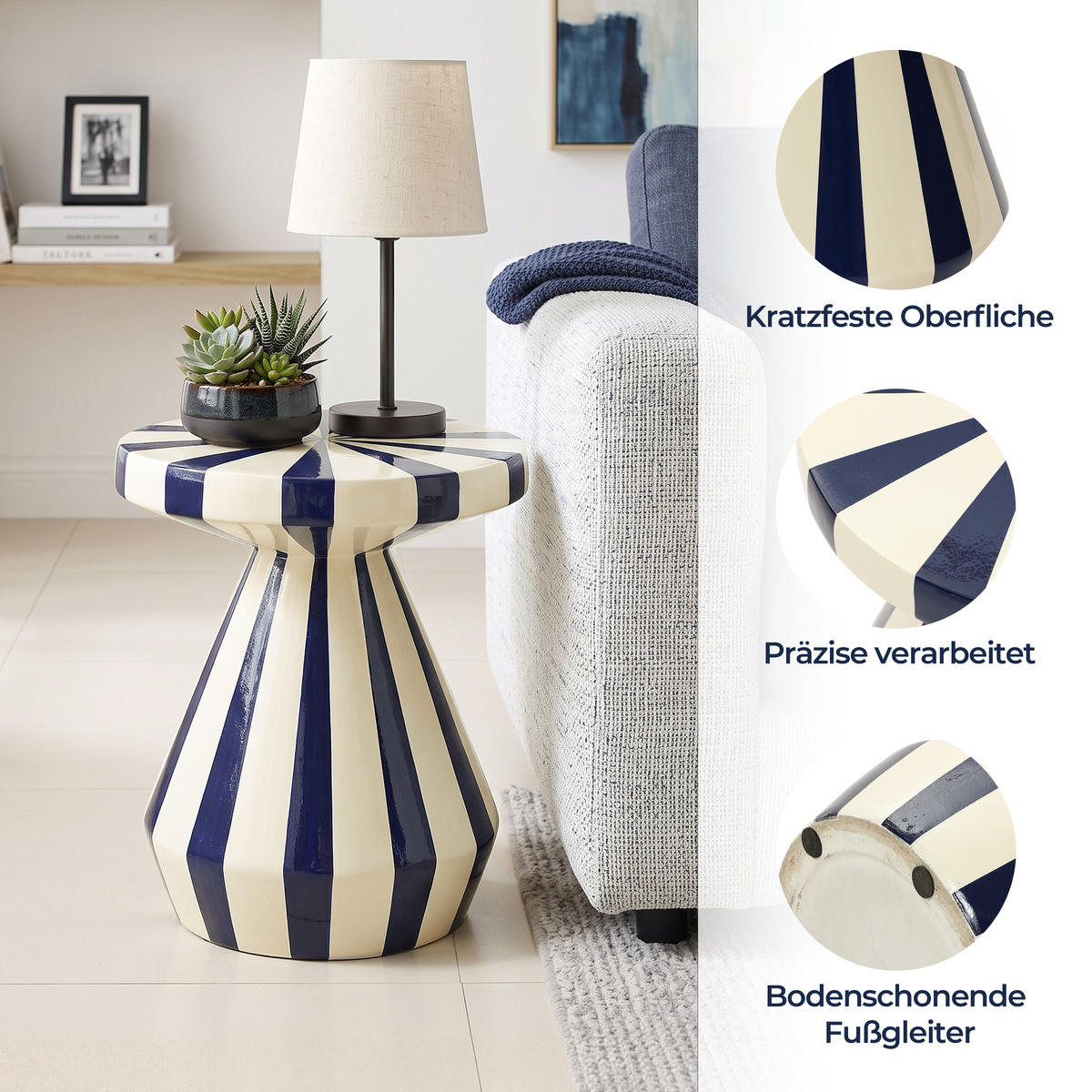 BEISTELLTISCH Rund Magnesiumoxid (MgO) mit Marineblau-Creme Gestreift - Blau, Naturmaterialien (34/34/40cm) - Hometopia
