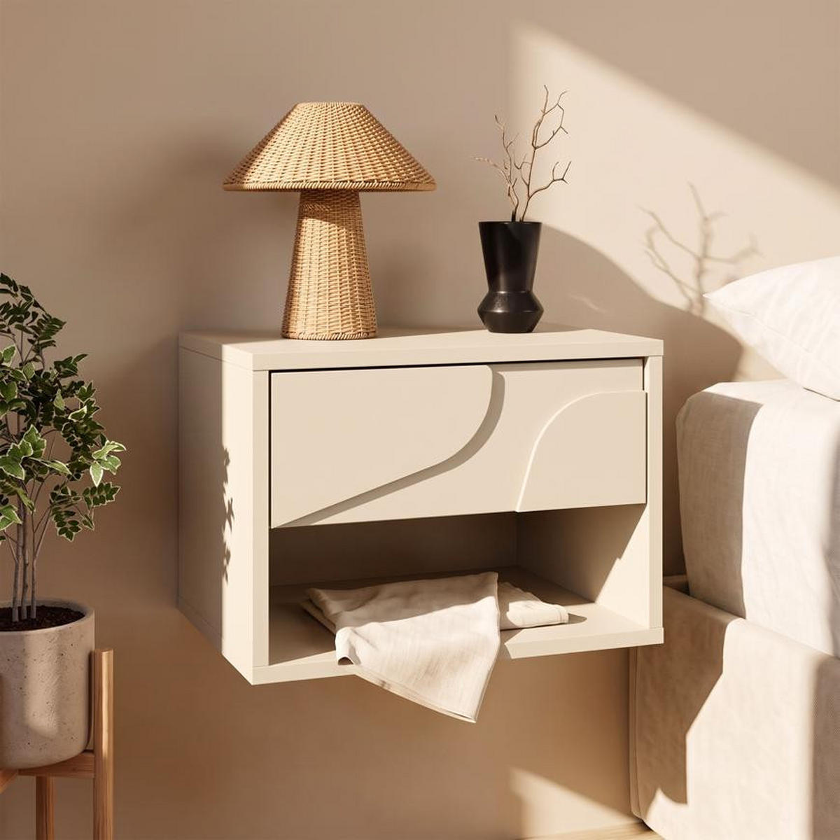 NACHTTISCHE 2er-Set schwebend beige mit je einer Schublade, Melamin-Oberfläche, FLORA - Beige, Holzwerkstoff (40/30/30cm) - Casanoov