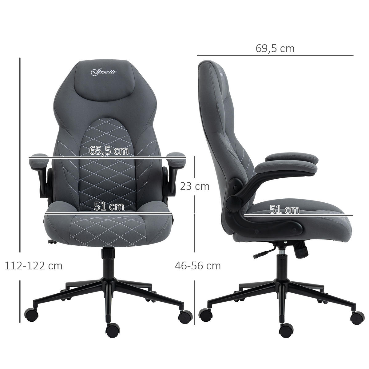 BÜROSTUHL, Ergonomischer Schreibtischstuhl, Computerstuhl mit Wippfunktion - Dunkelgrau, Kunststoff (69.5/122/65.5cm) - Vinsetto