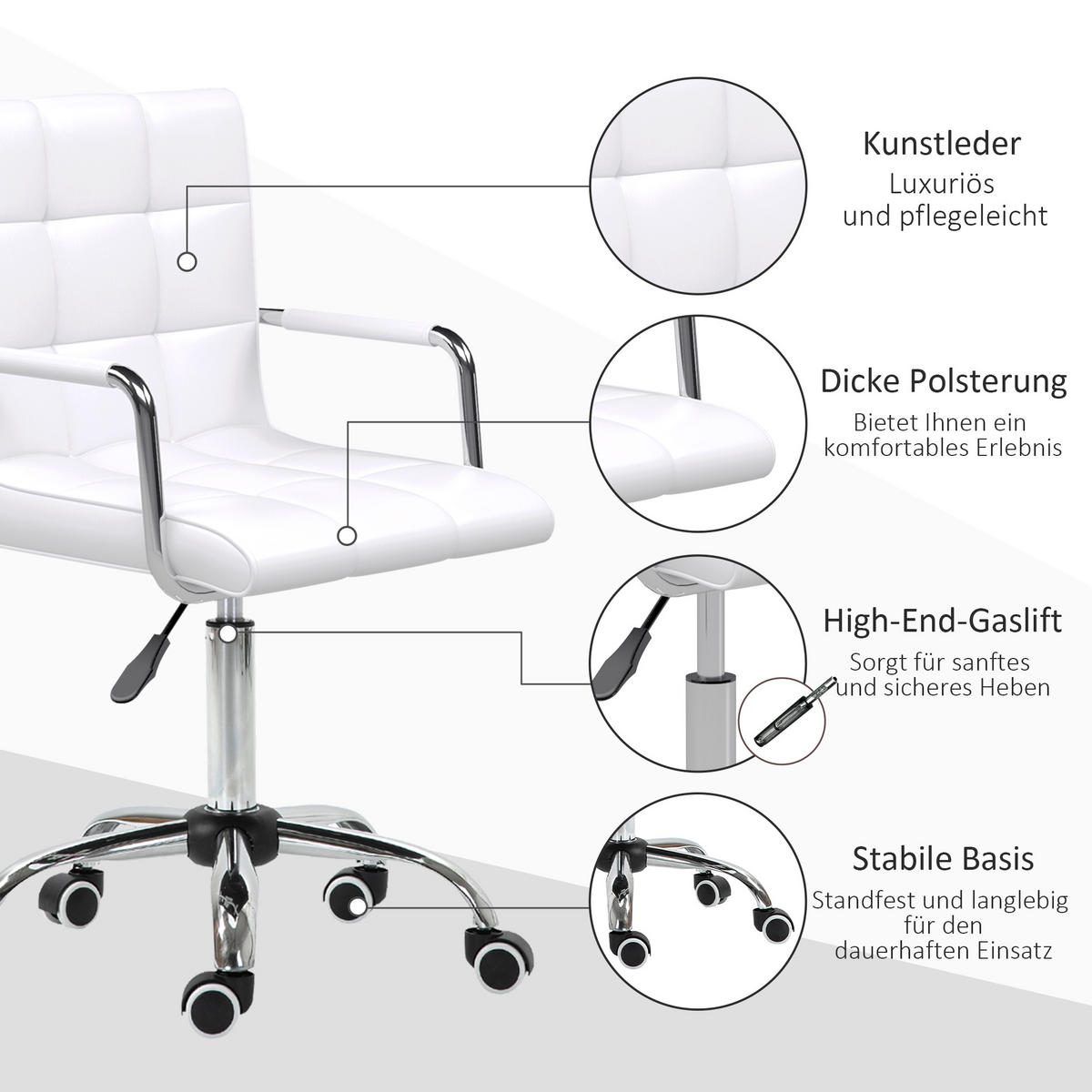 BÜROSTUHL Drehstuhl Rollhocker Drehhocker Arbeitshocker Stuhl Sessel Weiß - Weiß, Kunststoff (54/99/52.5cm) - HOMCOM
