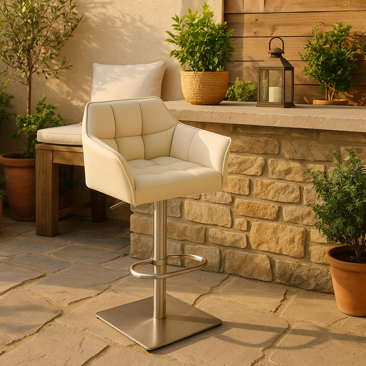 BARHOCKER 2er Set Damaskus Kunstleder edelstahl creme - Edelstahlfarben/Naturfarben, Kunststoff/Metall (64/110/48cm) - TPFLiving