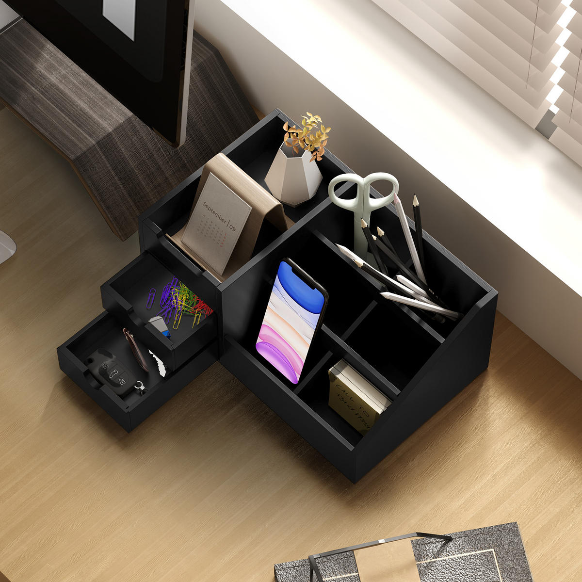 SCHREIBTISCHORGANISATOR DE-16706 Schwarz - Schwarz, Naturmaterialen (20/15/33cm) - ComfortXL