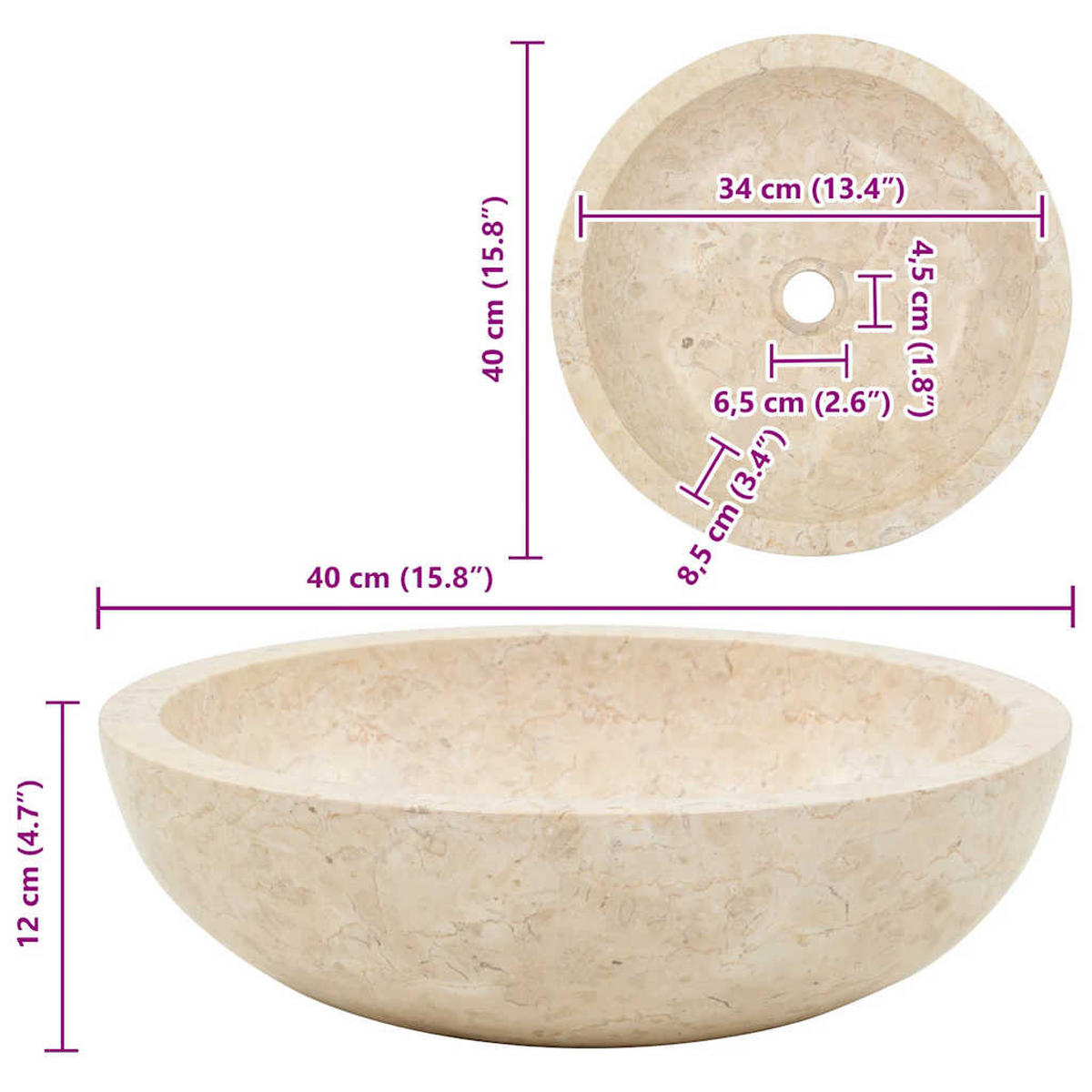 WASCHBECKEN 40/12 Cm Marmor Creme - Creme, Stein (40/12/40cm) - vidaXL