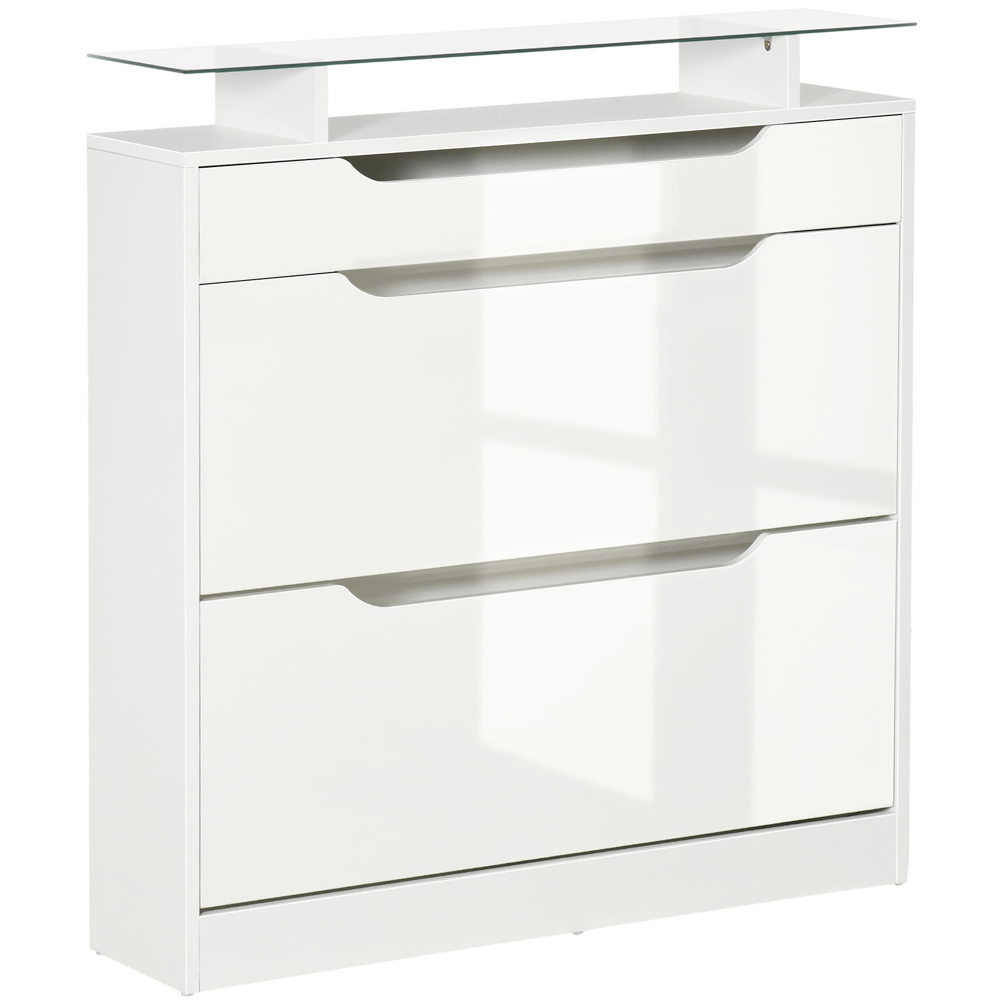 SCHUHSCHRANK DE-14974 2 Klapp-Schubladen und 1 Schubfach und Glasablage Weiß - Weiß, Holzwerkstoff (89/96/23cm) - ComfortXL