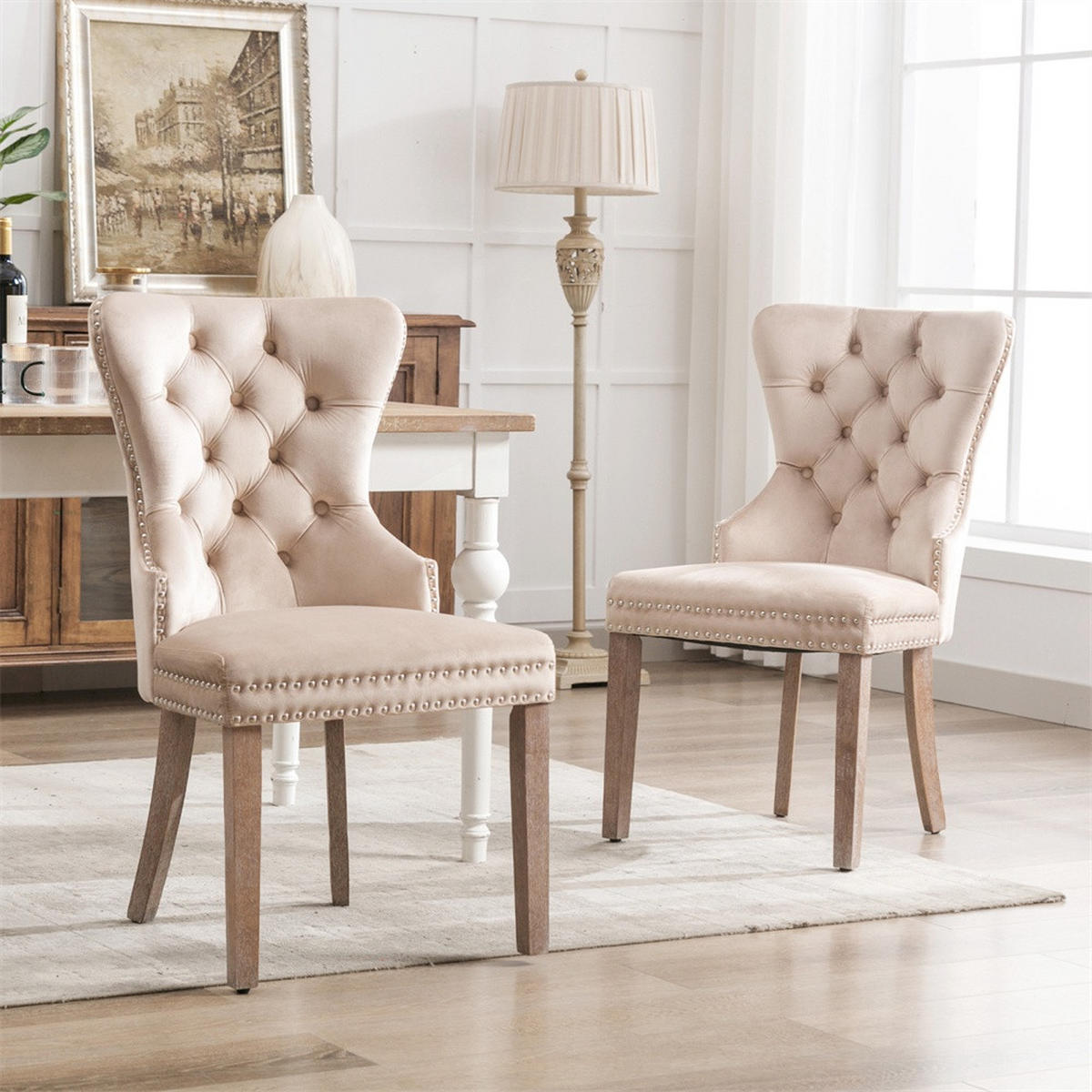 ESSZIMMERSTUHL 2er-Set - Samtbezug mit Knopfheftung, Ziernieten und Griffring - Beige - Beige, Textil (53.5/95/64cm) - DELFA