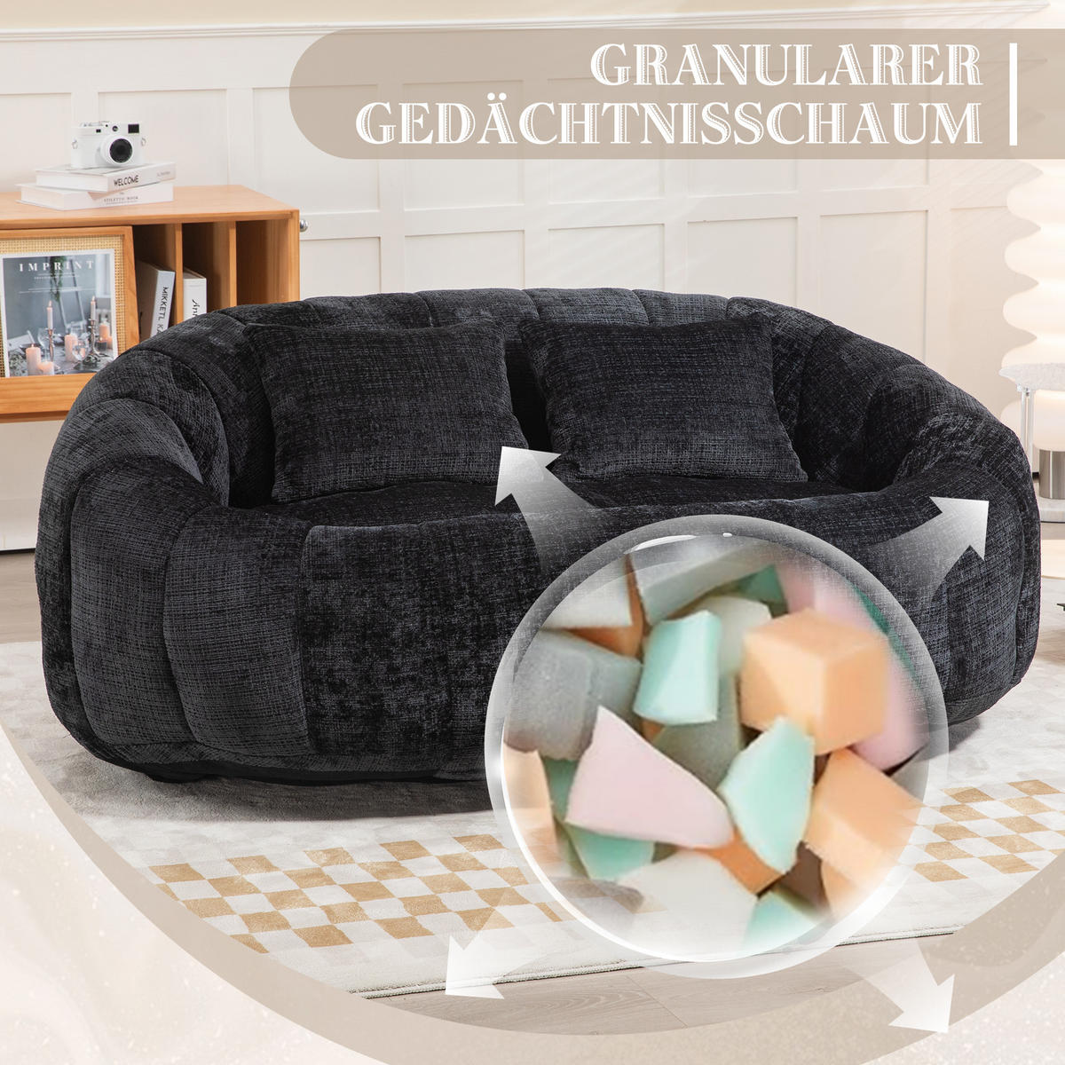 SITZSACK Chenille Schwarz mit Armlehnen - Schwarz, Textil (95/63/145cm) - WISHDOR