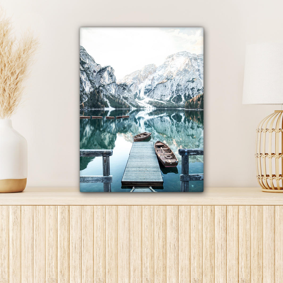 LEINWANDBILD Natur - Berge - Schnee - Wald - Boot 30x40 cm - Hellgrün, Textil (30/40cm) - MuchoWow