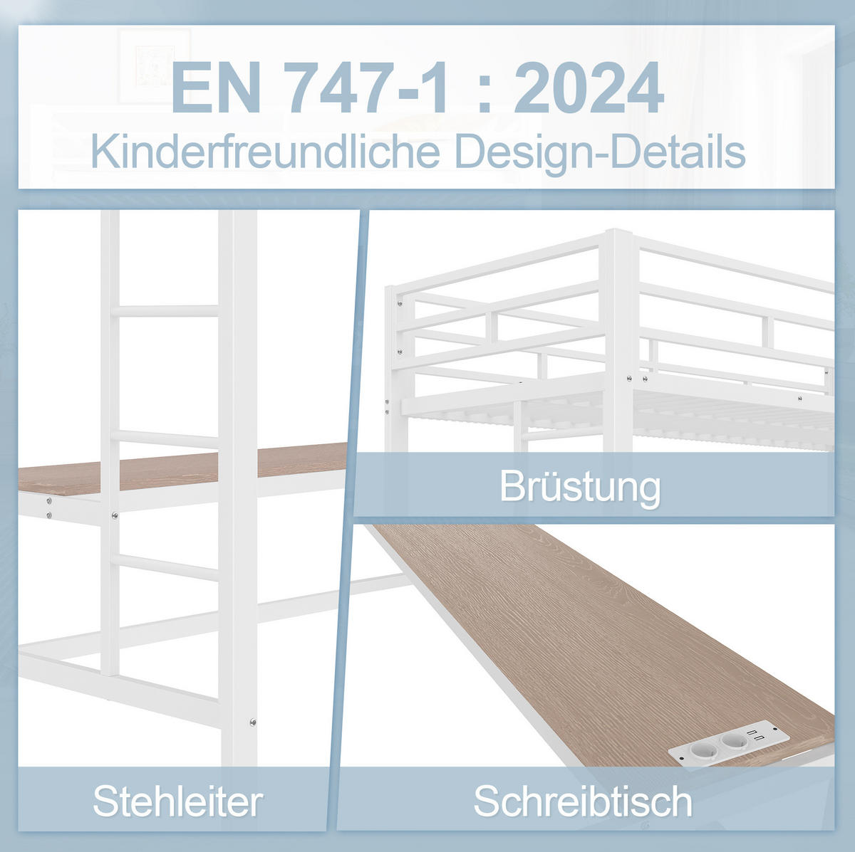 HOCHBETT 90/200 cm in Weiß mit Schreibtisch, LED-Beleuchtung und Ladeanschlüssen - Weiß, Metall (90/200cm) - Flora Grace