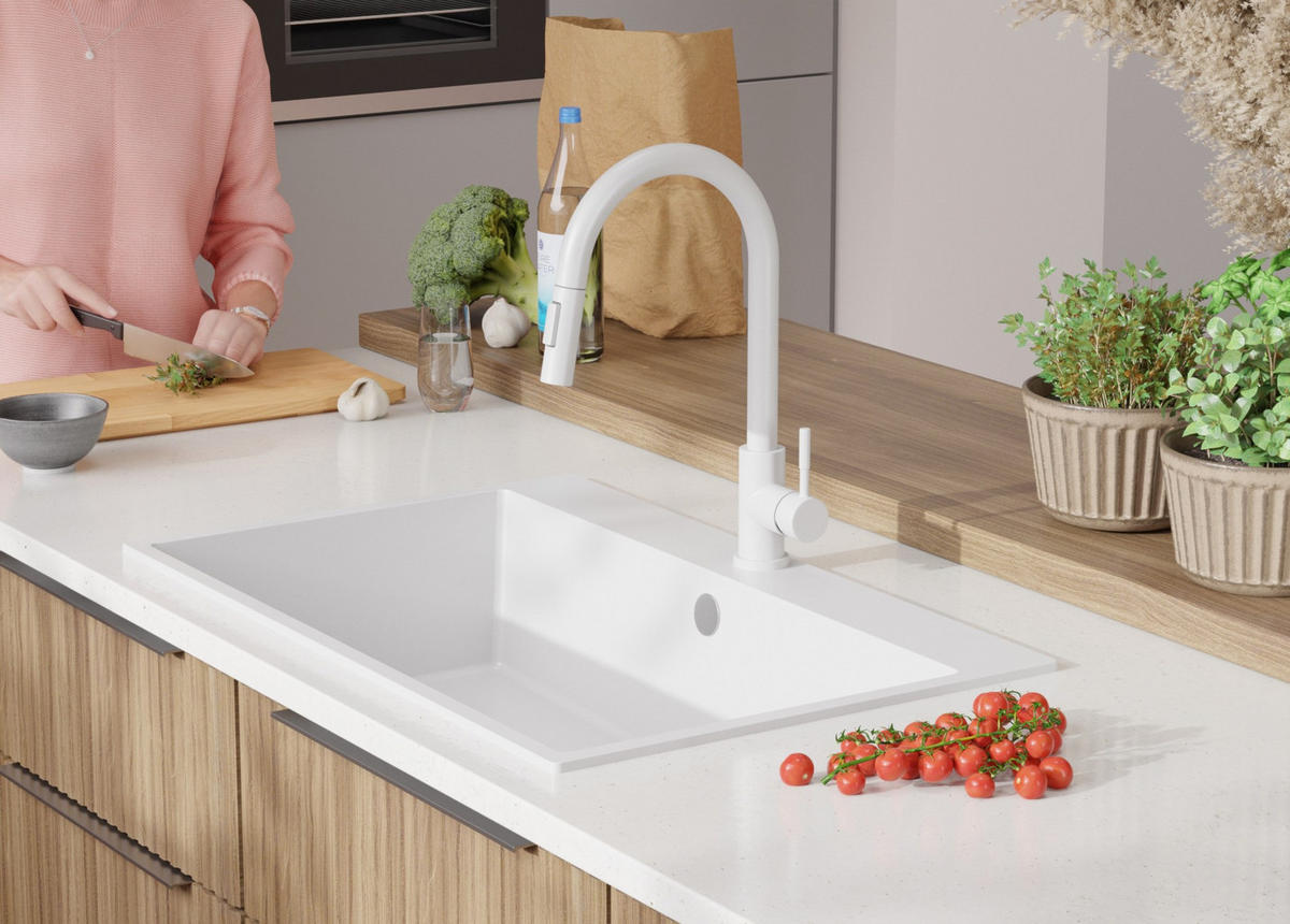 SPÜLBECKEN Riga, 2-er set Weiß 78/50 cm 1 Becken + Ablauf-Set ab 80er Unterschrank - Chromfarben/Weiß, Kunststoff (78/20/50cm) - Primagran