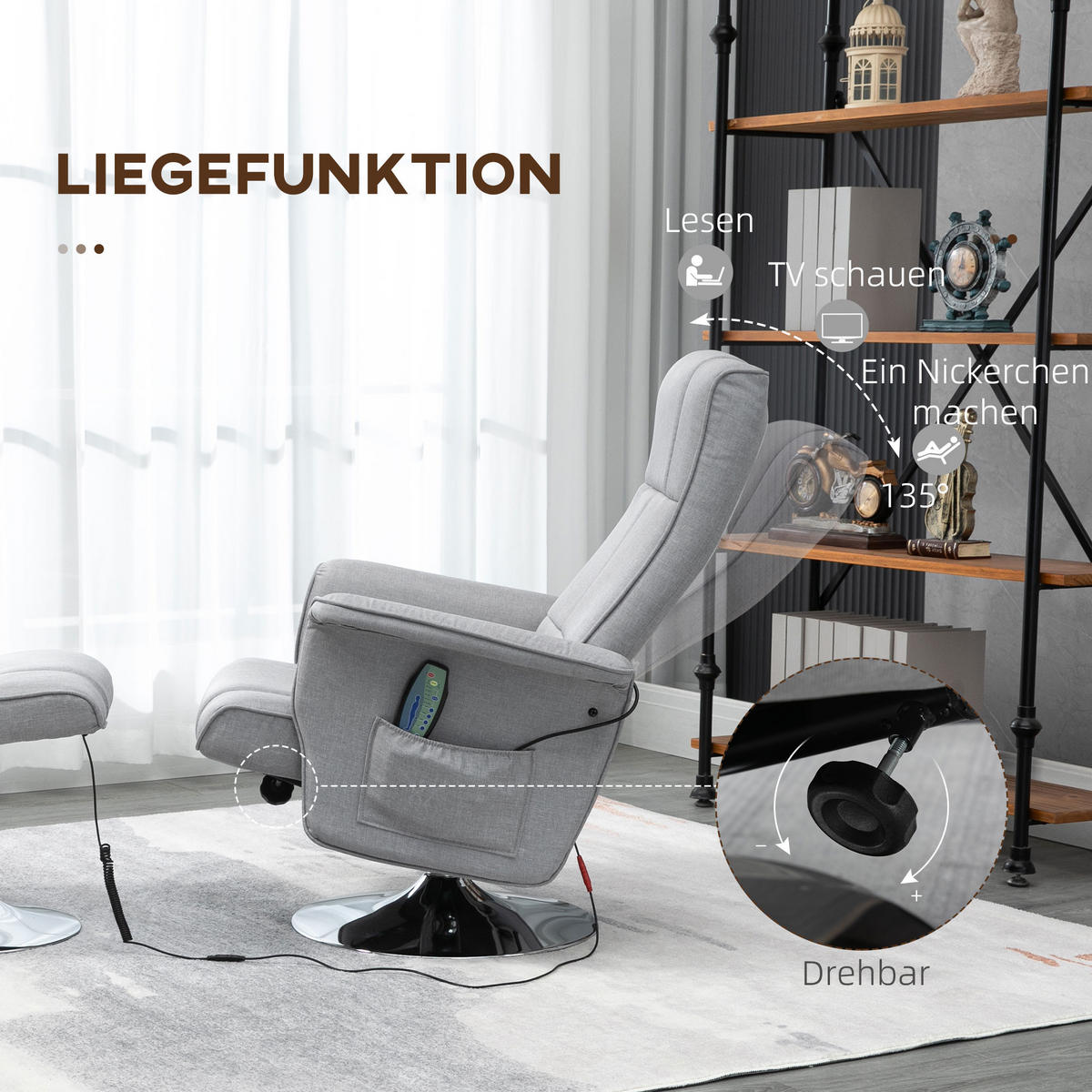MASSAGESESSEL mit Fußhocker, Elektrischer Relaxsessel mit Liegefunktion Stahl - Chromfarben/Hellgrau, Textil/Metall (95/88/78cm) - HOMCOM
