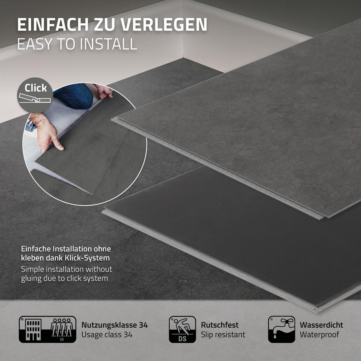 VINYLOVÁ PODLAHA s klikovým systémem 1,86 m²/10 lamel, PVC podlahová krytina, dub rustikální světlý, vzhled dřeva - tmavě šedá, plast/umělá hmota (61.5/31/0.42cm) - ML-DESIGN