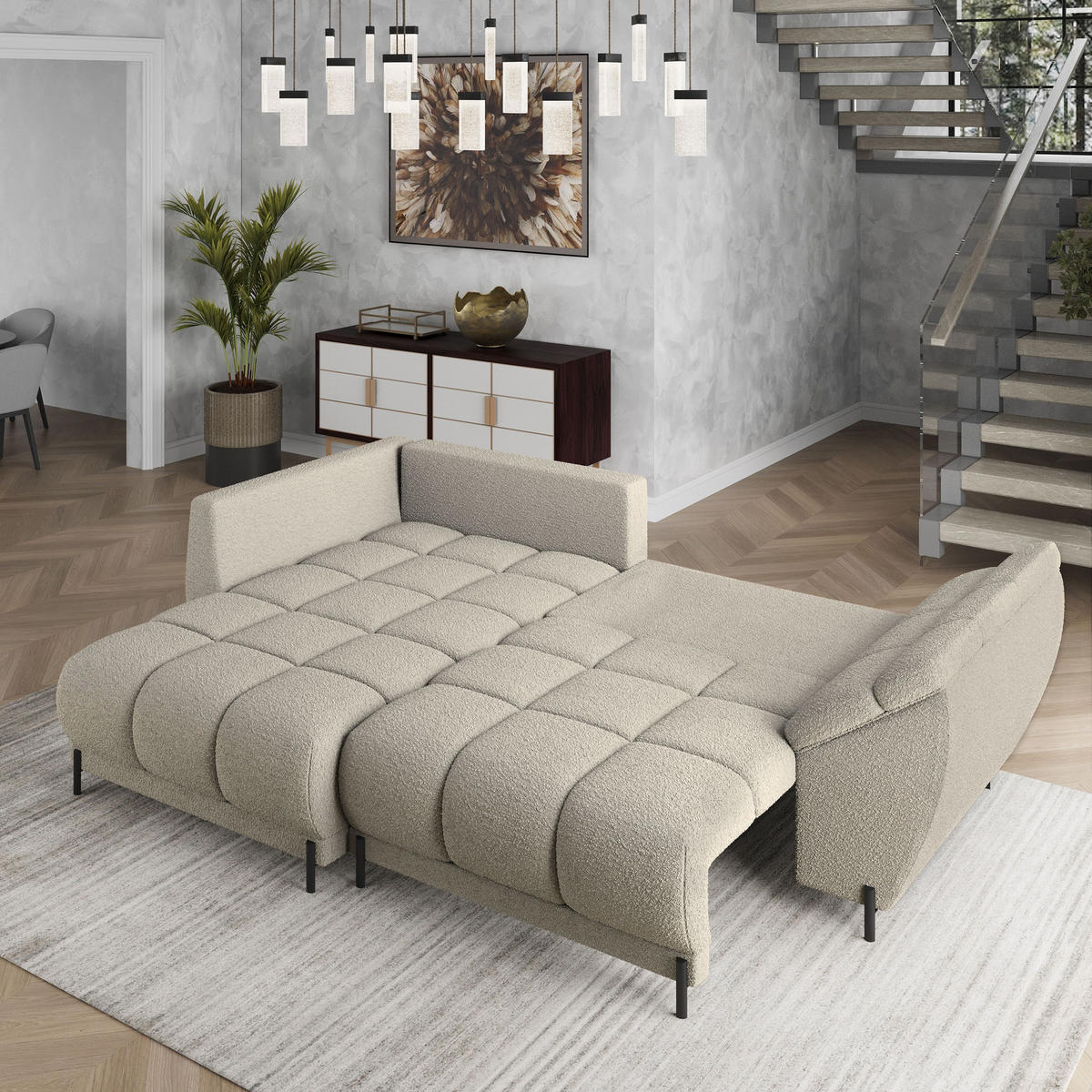 ECKSOFA VESTANO L-S Beige Boucle-Stoff mit Schlaffunktion - Beige, Holz (287/182cm) - MASSENO