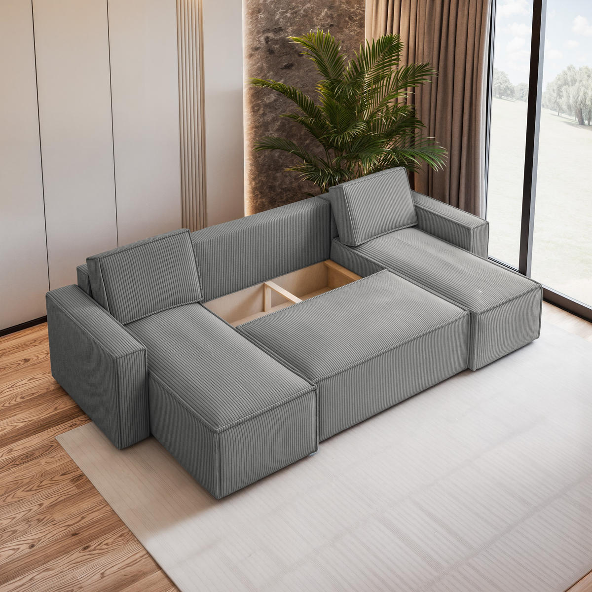 WOHNLANDSCHAFT PESANO P Hellgrau Kordstoff mit Schlaffunktion - Hellgrau, Holz (306/85/140cm) - MASSENO