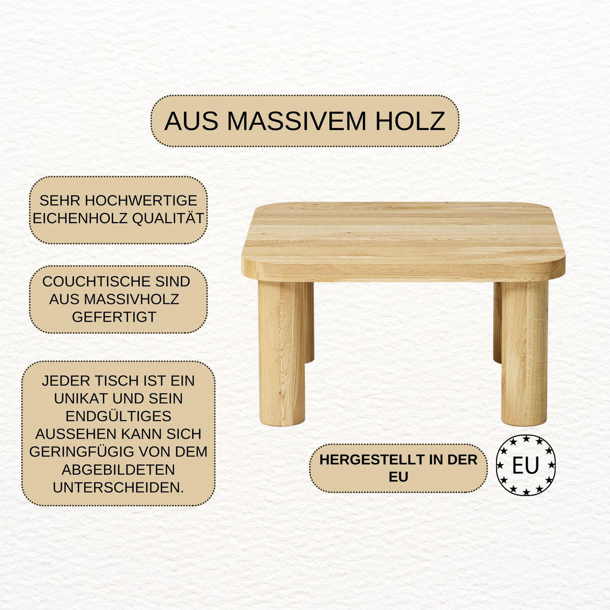 COUCHTISCH Eichenholz vollmassiv quadratisch Naturbelassenen 50/50/37 - Naturfarben, Holz (50/50/37cm)